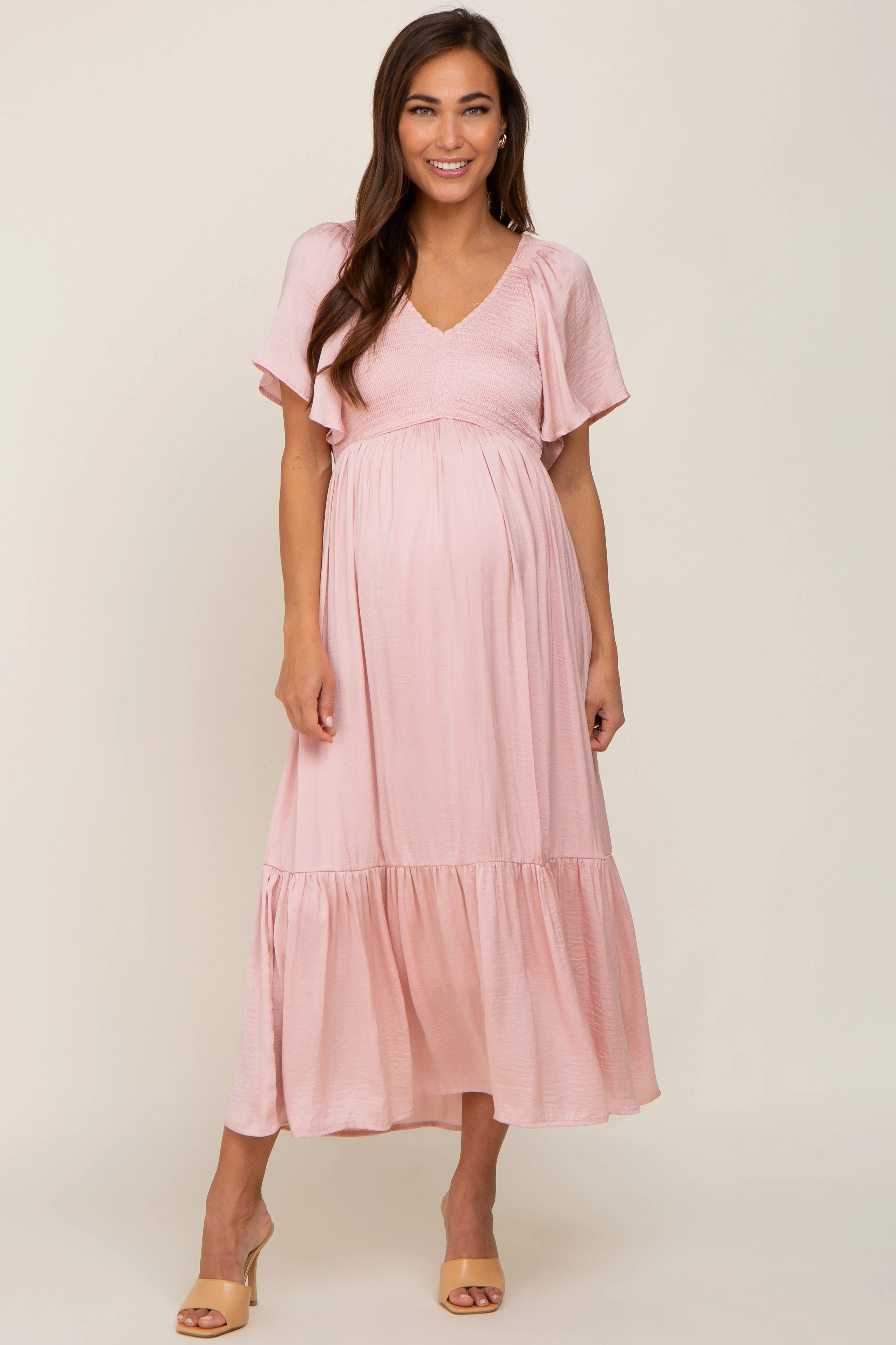 Light Pink Satin Smocked Maternity Midi Dress sold by Pinkblush