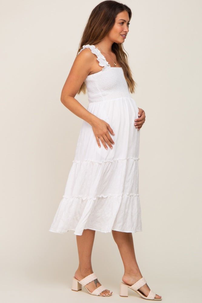 White Smocked Square Neck Ruffle Strap Tiered Maternity Midi Dress sold by Pinkblush product image thumbnail 2
