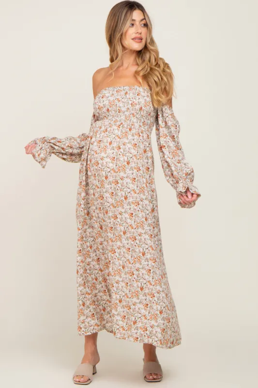 Taupe Floral Off Shoulder Long Sleeve Maternity Maxi Dress sold by Pinkblush