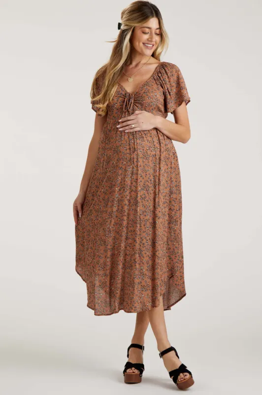 Mocha Floral Front Ruched Tie Maternity Midi Dress sold by Pinkblush