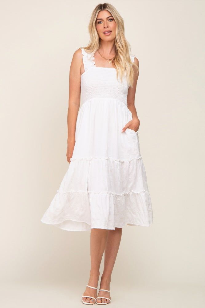 White Smocked Square Neck Ruffle Strap Tiered Maternity Midi Dress sold by Pinkblush product image thumbnail 5