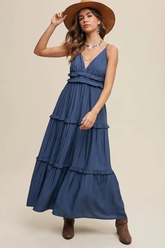 Navy Blue Striped Ruffle Tiered Maxi Dress sold by Pinkblush