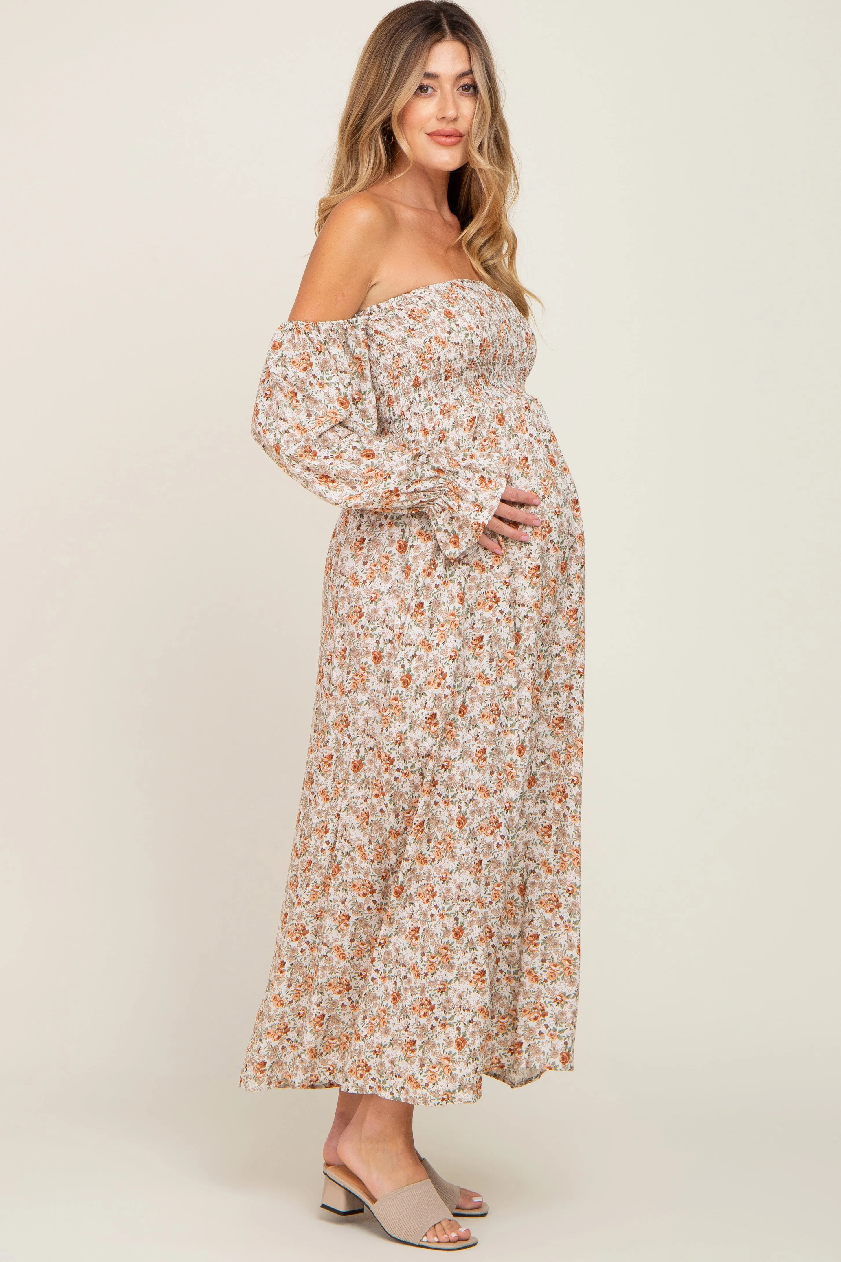 Taupe Floral Off Shoulder Long Sleeve Maternity Maxi Dress sold by Pinkblush product image thumbnail 2