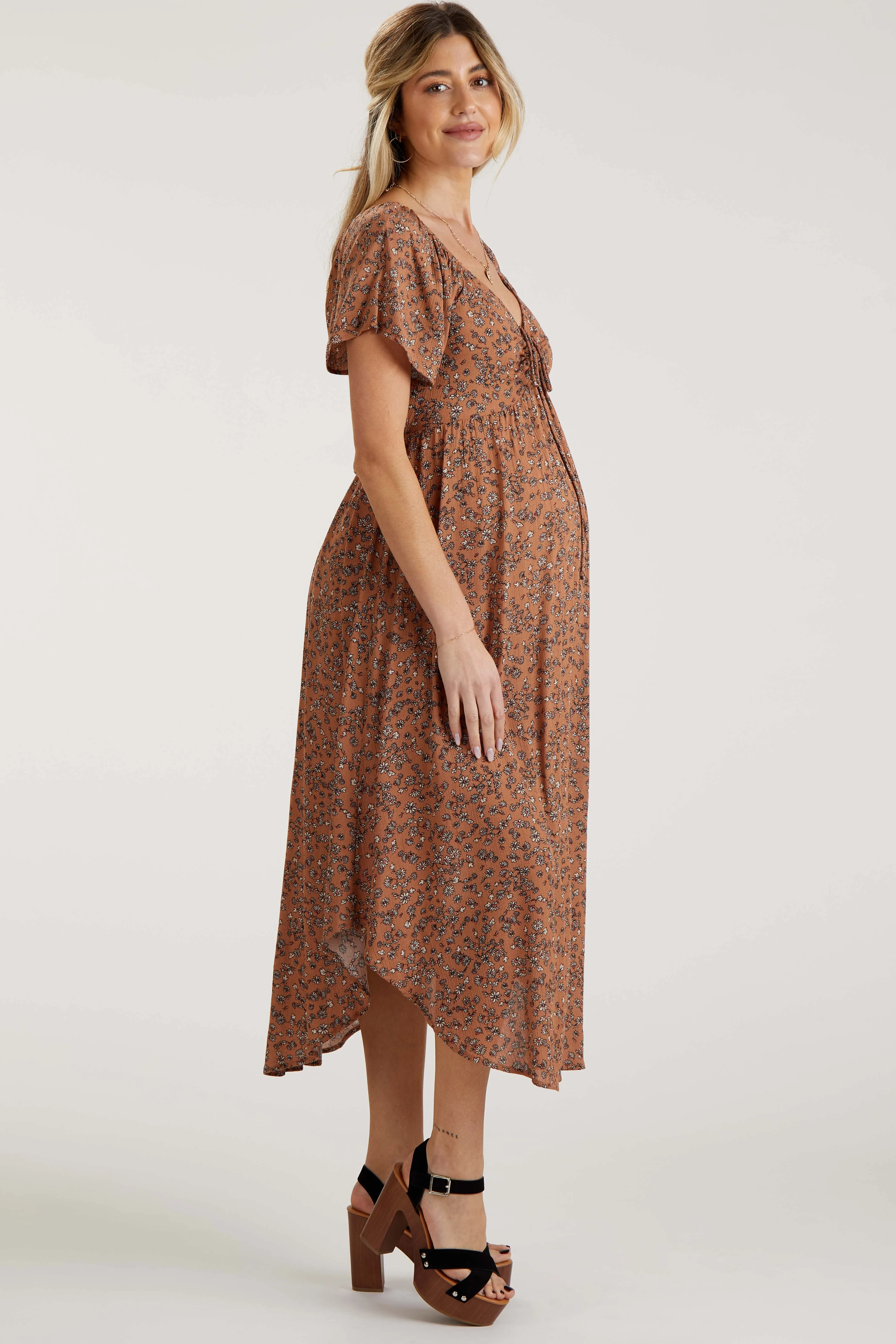 Mocha Floral Front Ruched Tie Maternity Midi Dress sold by Pinkblush product image thumbnail 2