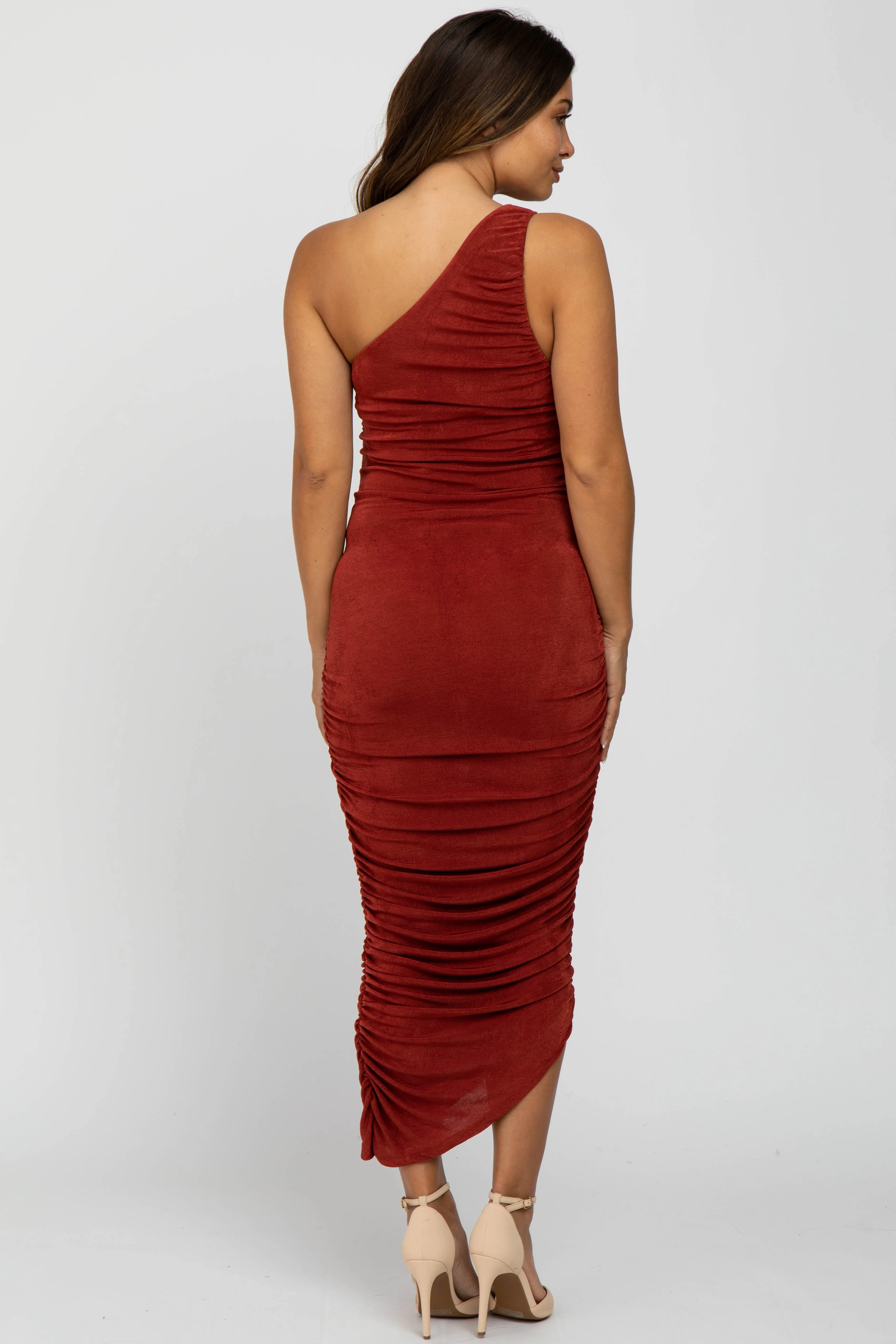 Rust One Shoulder Ruched Side Maternity Midi Dress sold by Pinkblush product image thumbnail 4