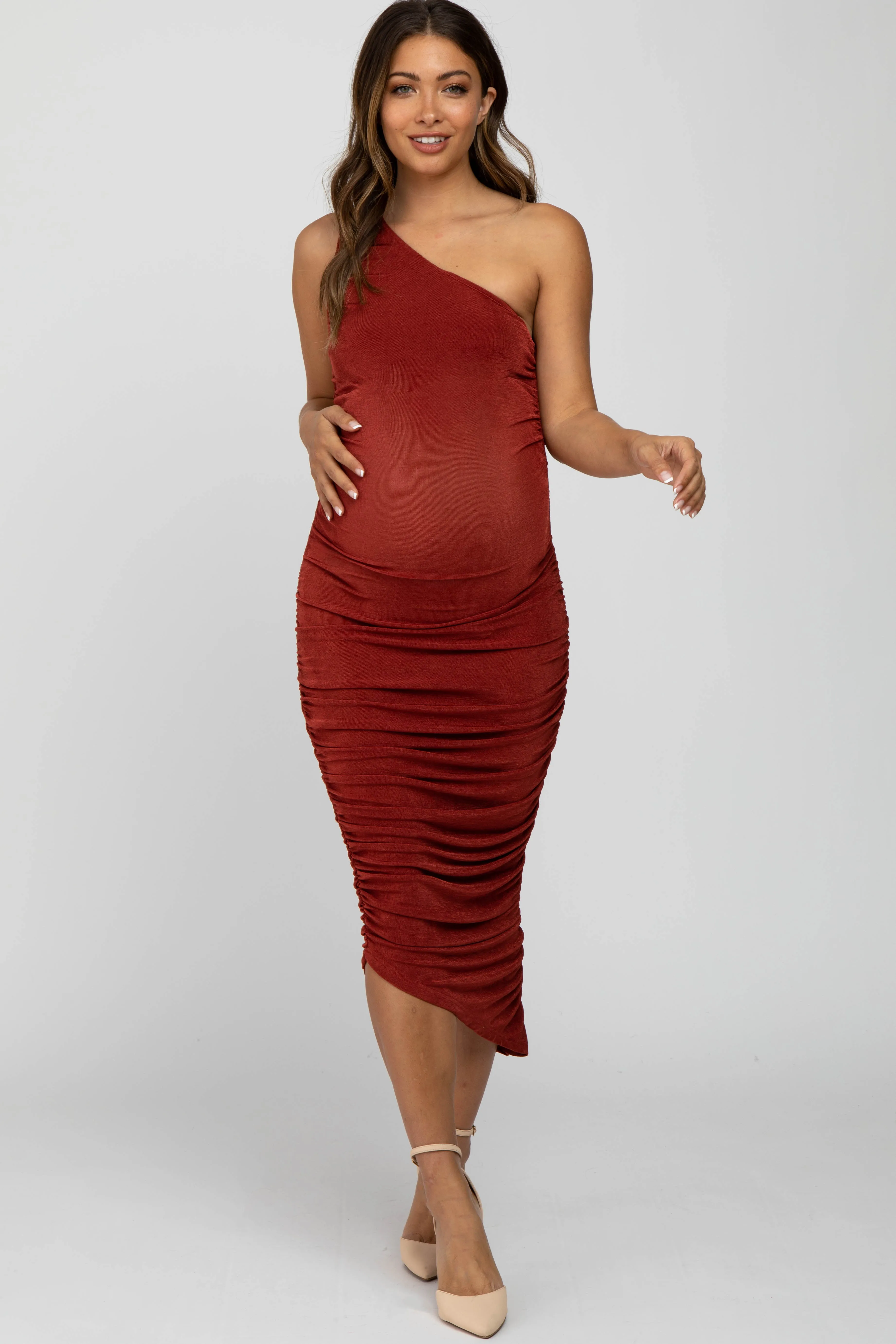 Rust One Shoulder Ruched Side Maternity Midi Dress sold by Pinkblush