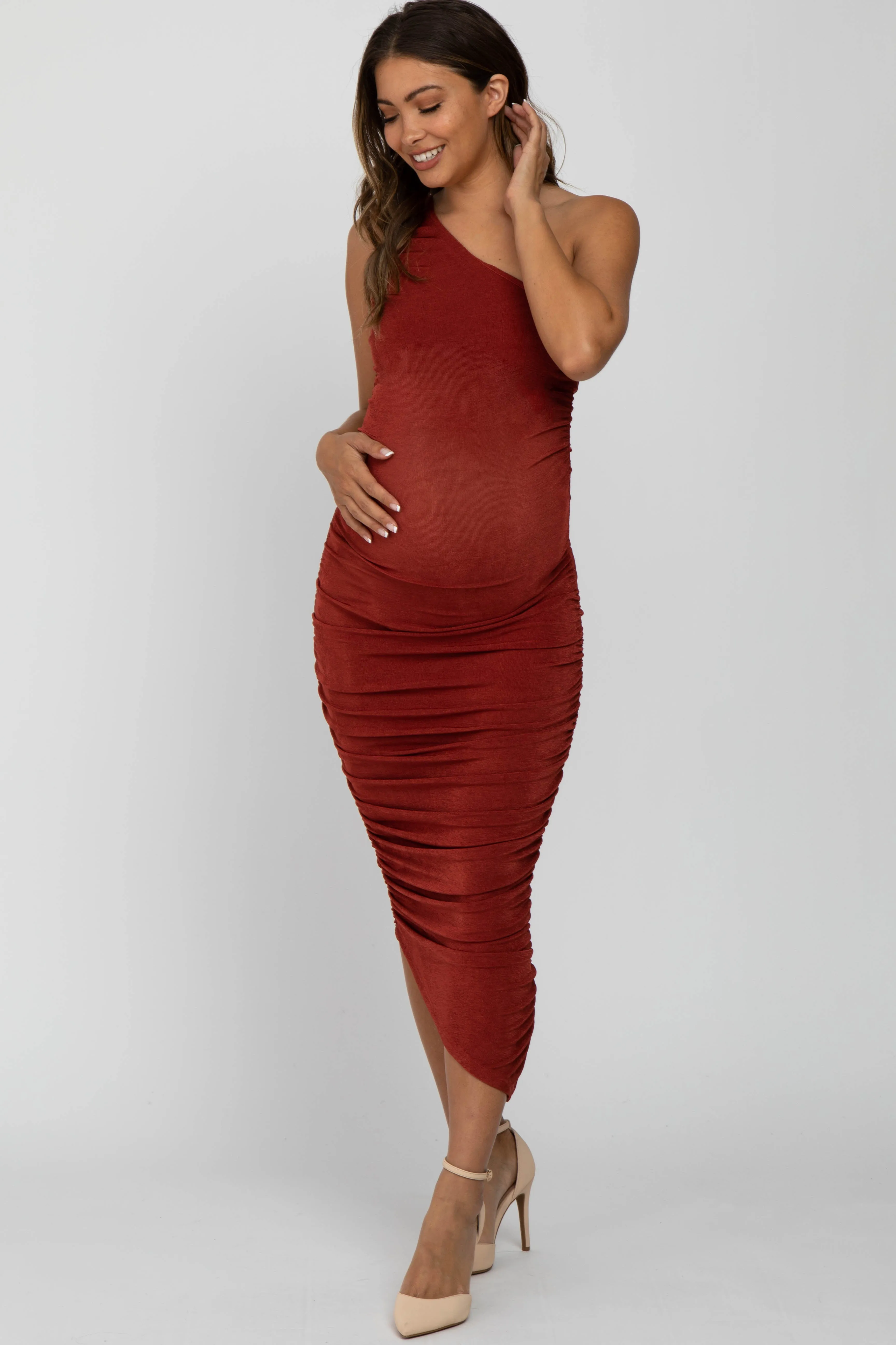 Rust One Shoulder Ruched Side Maternity Midi Dress sold by Pinkblush product image thumbnail 2