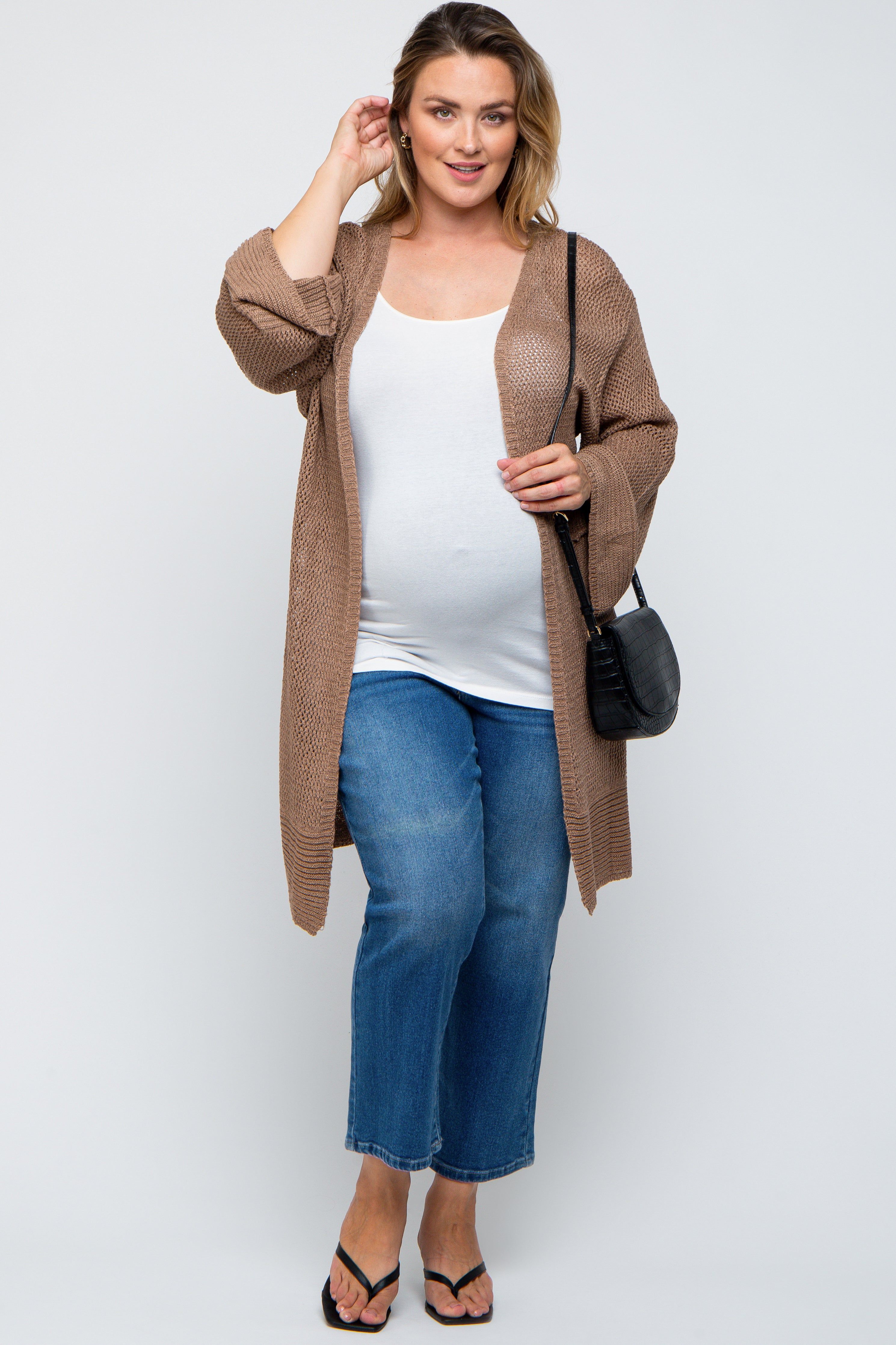 Mocha Knit Bell Sleeve Plus Maternity Cardigan sold by Pinkblush