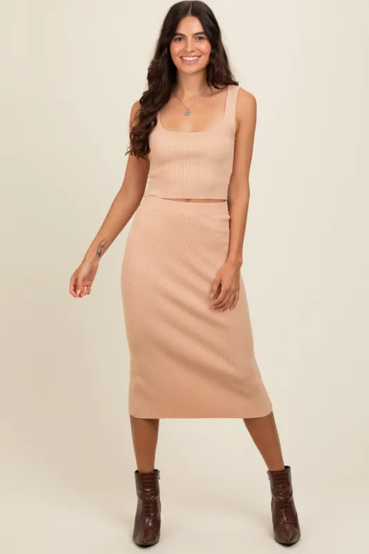 Taupe Ribbed Square Neck Sleeveless Crop Skirt Set made by Timing