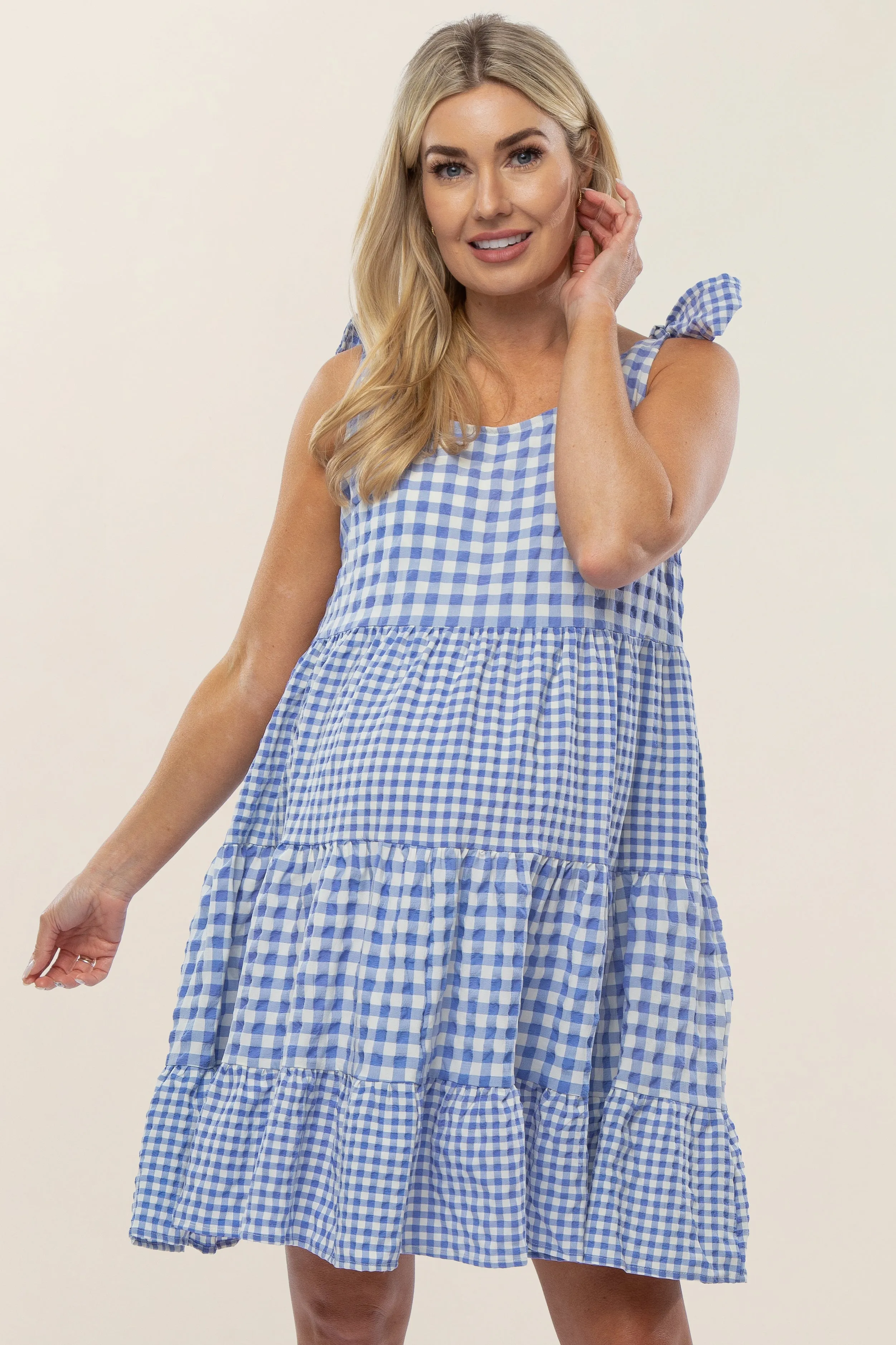 Blue Gingham Tiered Maternity Dress sold by Pinkblush