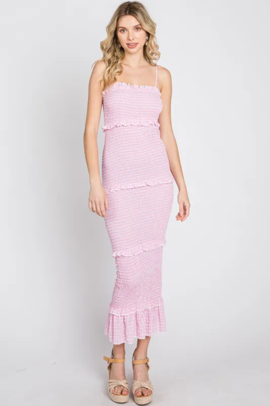 Pink Gingham Print Smocked Maxi Dress sold by Pinkblush