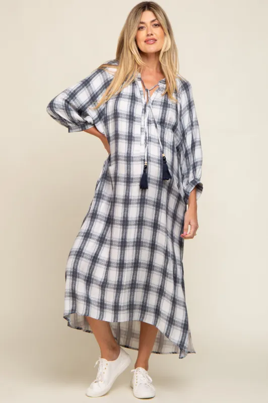 Ivory Plaid 3/4 Sleeve Maternity Midi Dress sold by Pinkblush