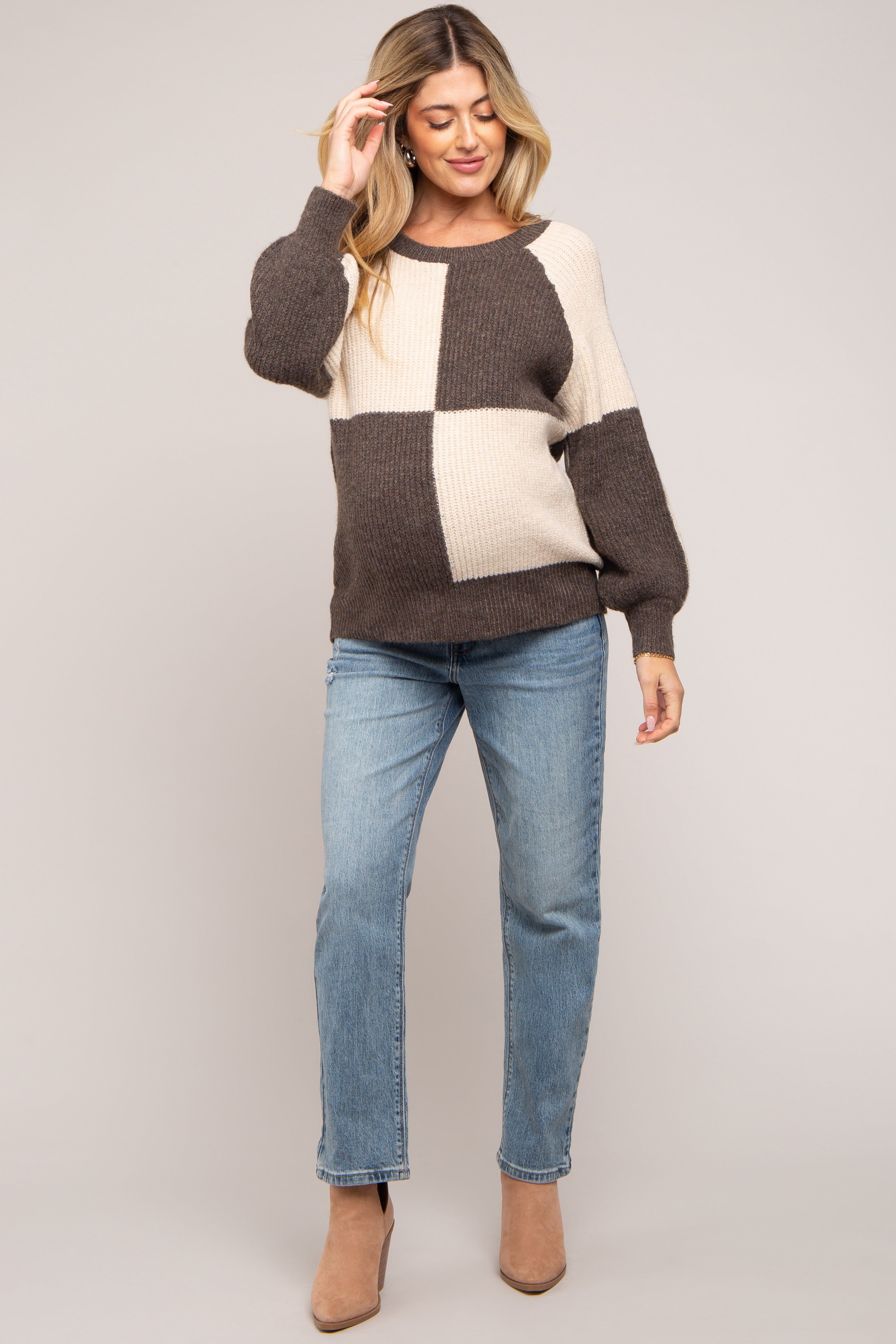 Brown Checkered Long Sleeve Maternity Sweater sold by Pinkblush product image thumbnail 4