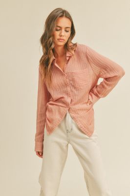 Mauve Textured Stripe Collared Button-Down Long Sleeve Top sold by Pinkblush