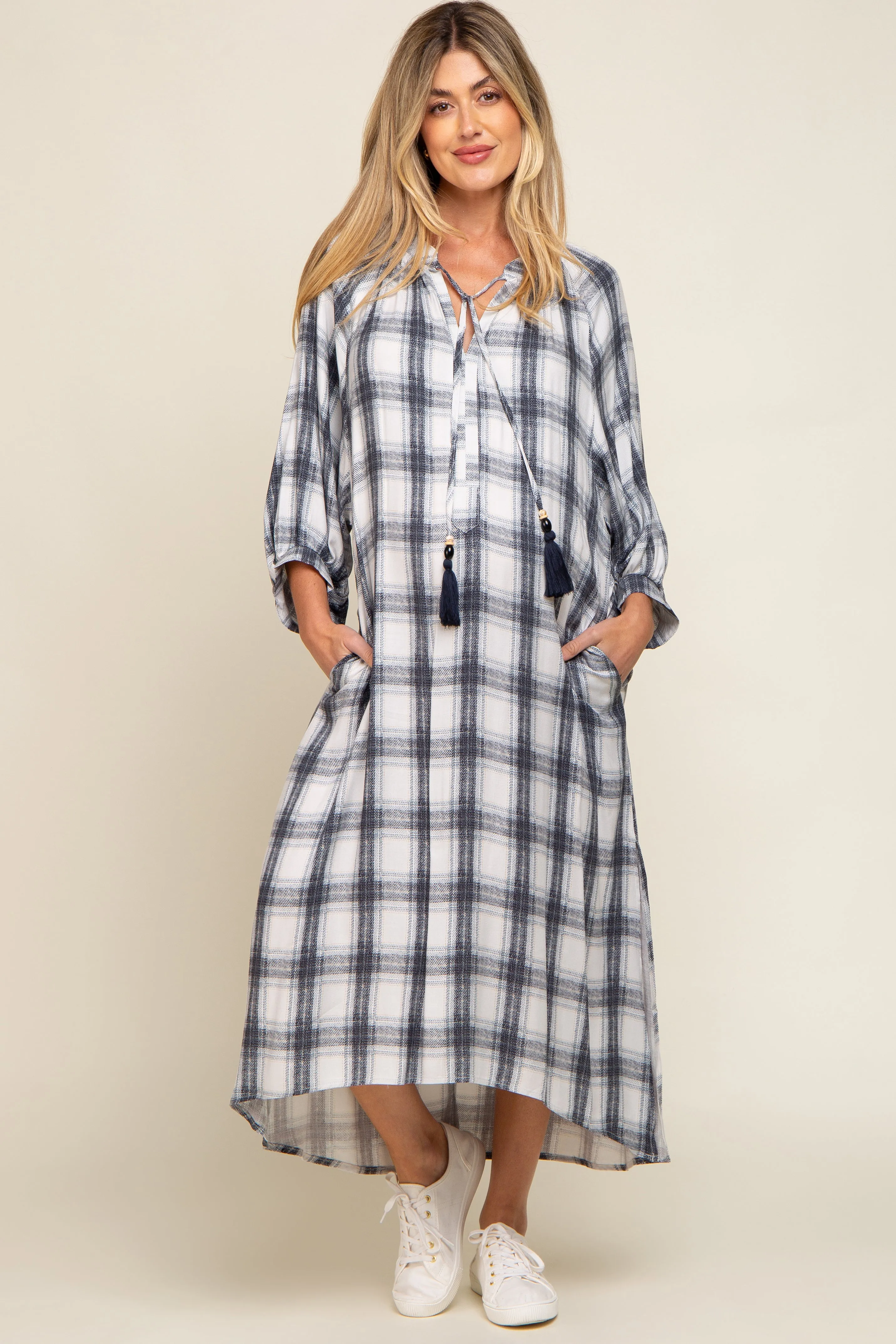 Ivory Plaid 3/4 Sleeve Maternity Midi Dress sold by Pinkblush product image thumbnail 2