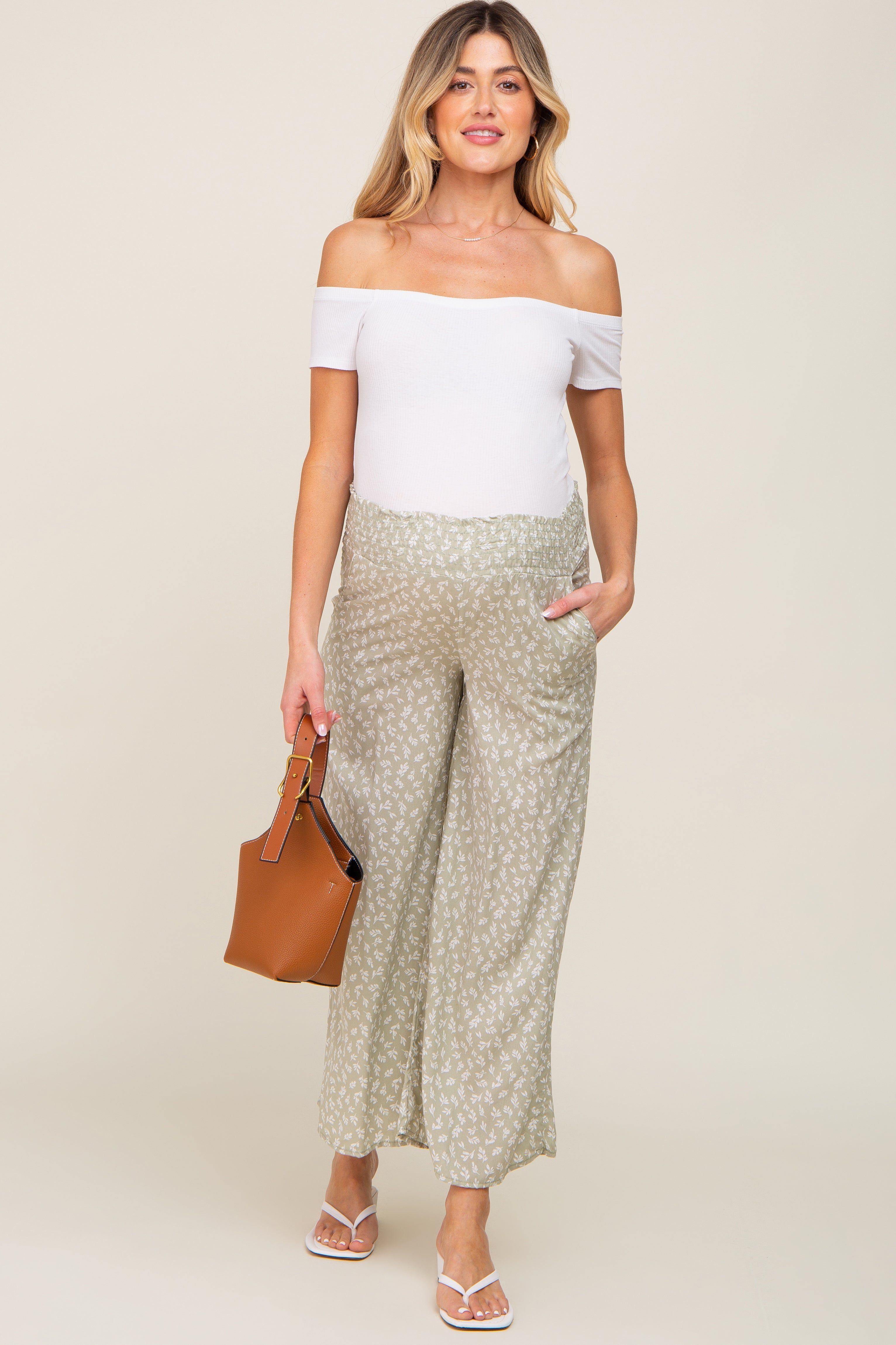 Mint Leaf Print Smocked Waist Maternity Pants sold by Pinkblush product image thumbnail 5