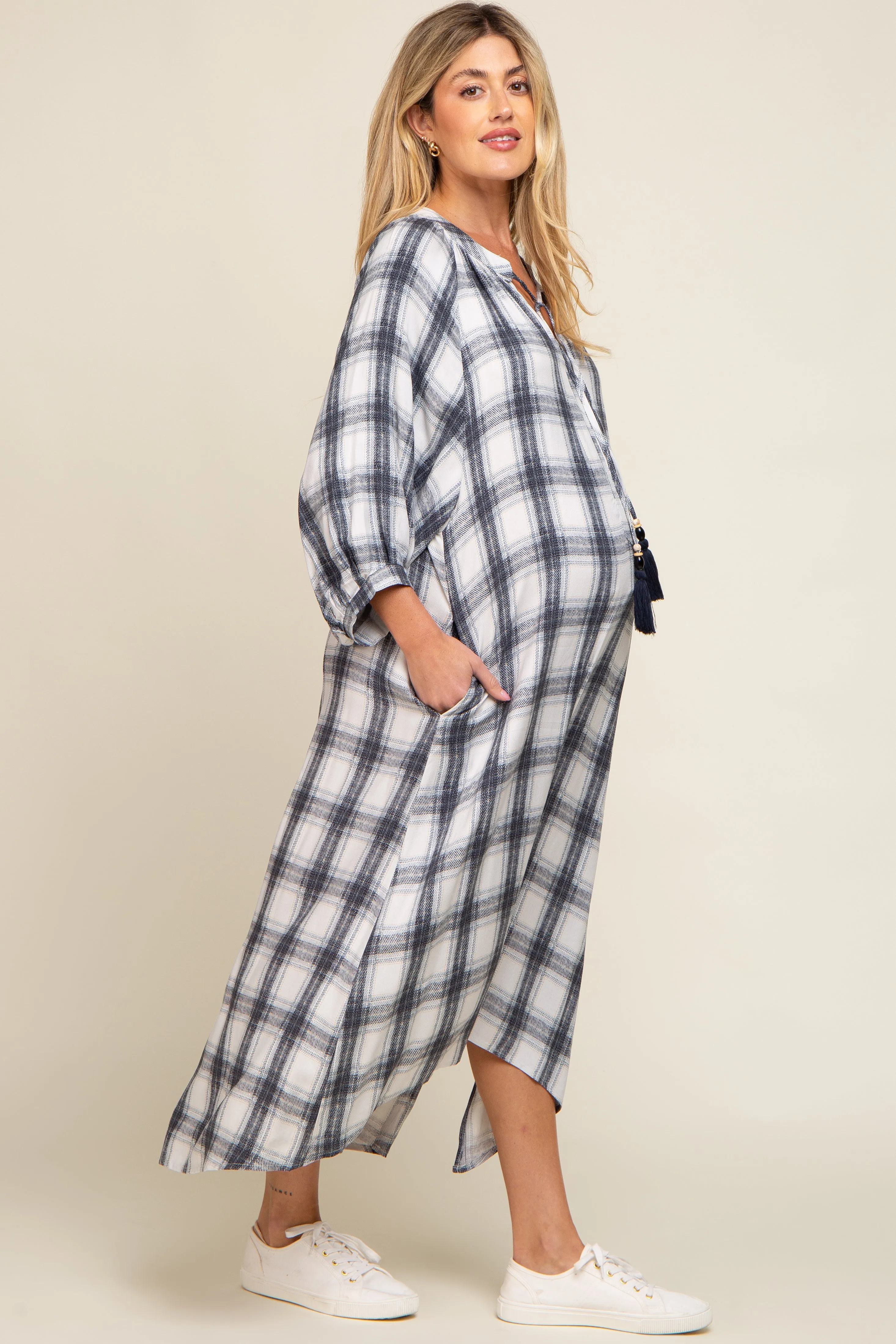 Ivory Plaid 3/4 Sleeve Maternity Midi Dress sold by Pinkblush product image thumbnail 3