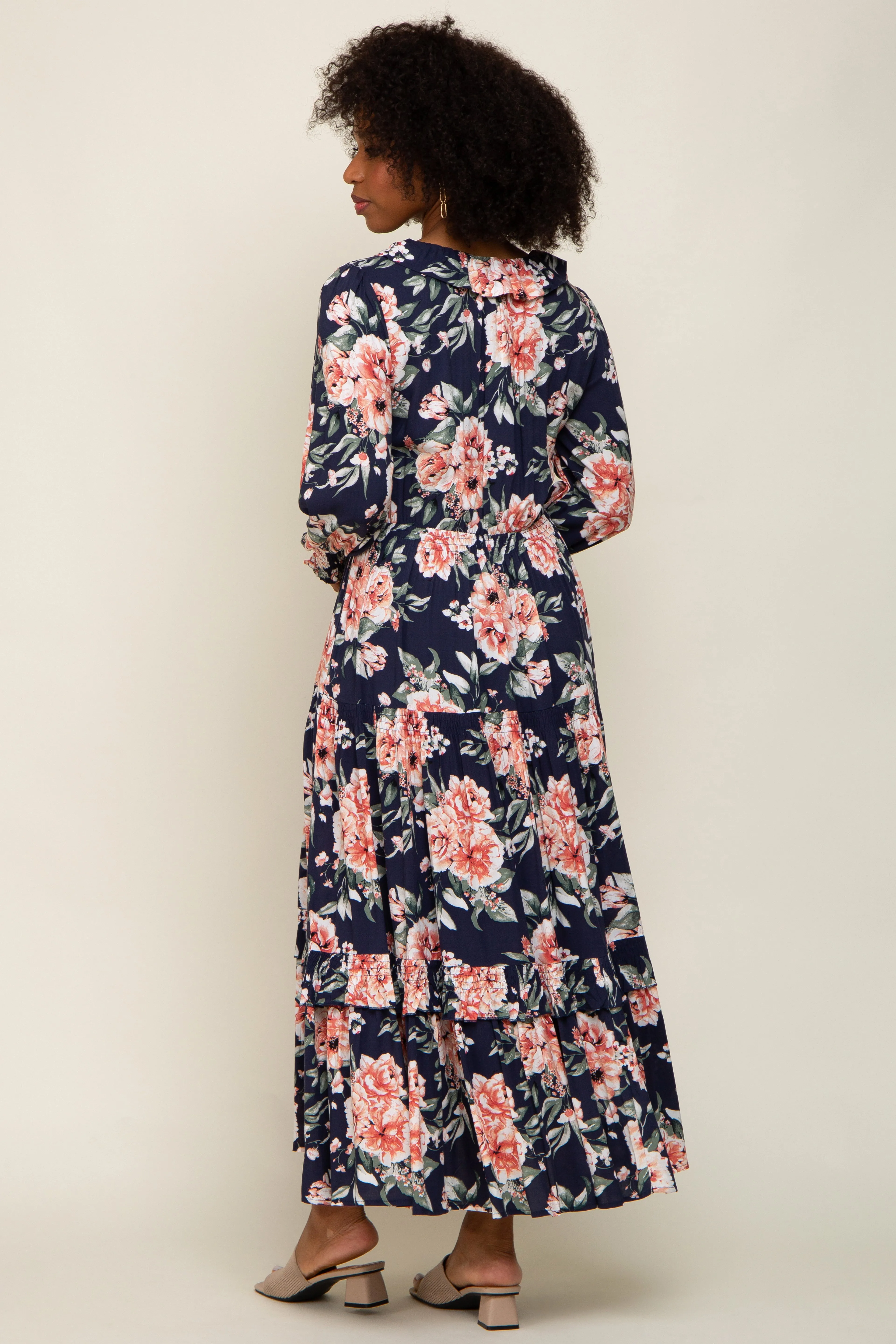 Navy Floral Smocked Ruffle Neck Maxi Dress sold by Pinkblush product image thumbnail 3
