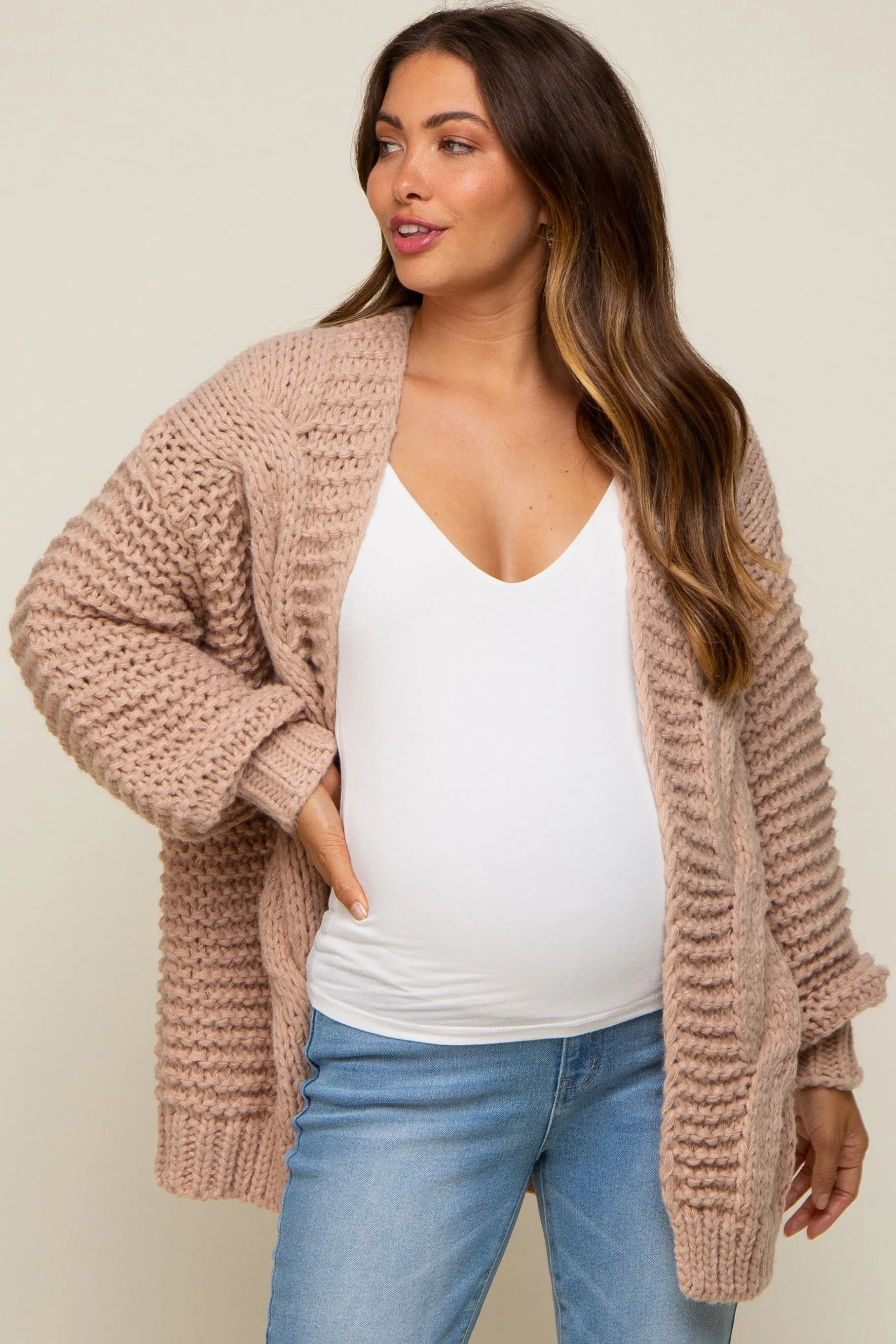 Beige Chunky Knit Maternity Cardigan sold by Pinkblush