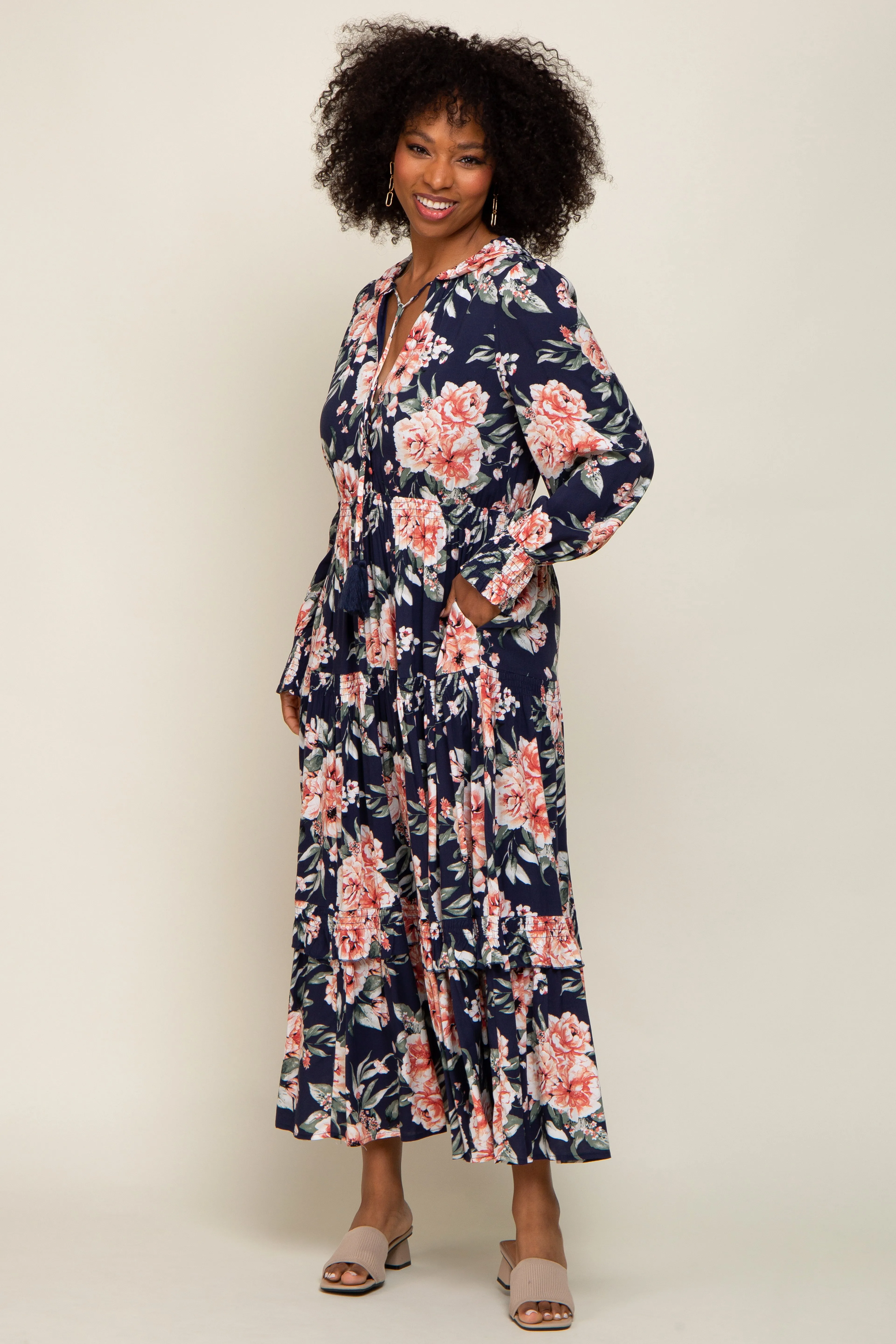 Navy Floral Smocked Ruffle Neck Maxi Dress sold by Pinkblush product image thumbnail 4
