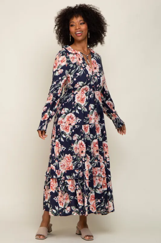 Navy Floral Smocked Ruffle Neck Maxi Dress sold by Pinkblush