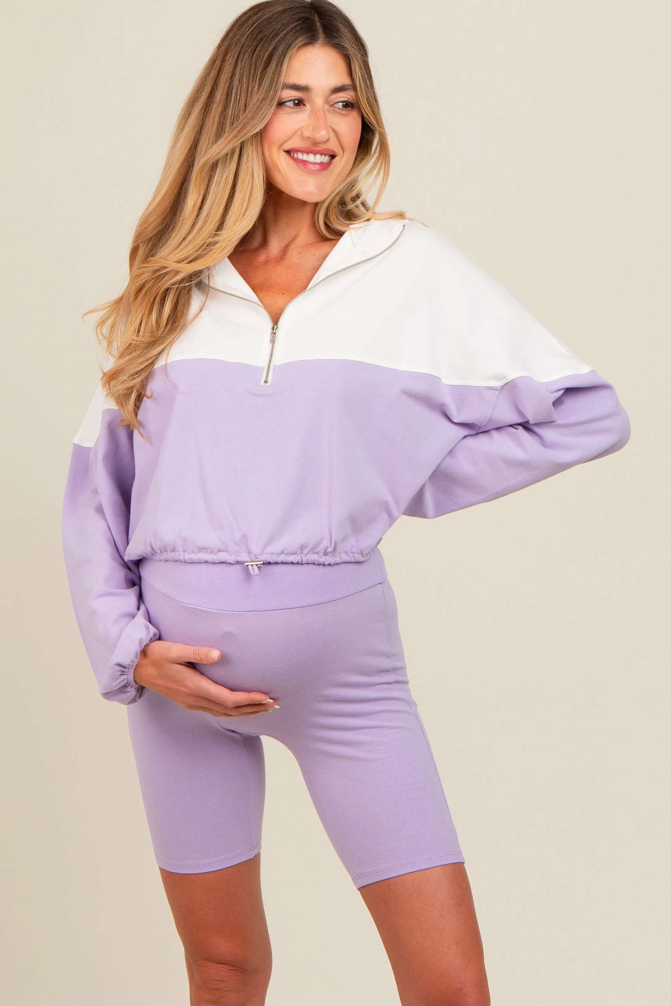 Lavender Colorblock Hoodie Shorts Maternity Set sold by Pinkblush product image thumbnail 2