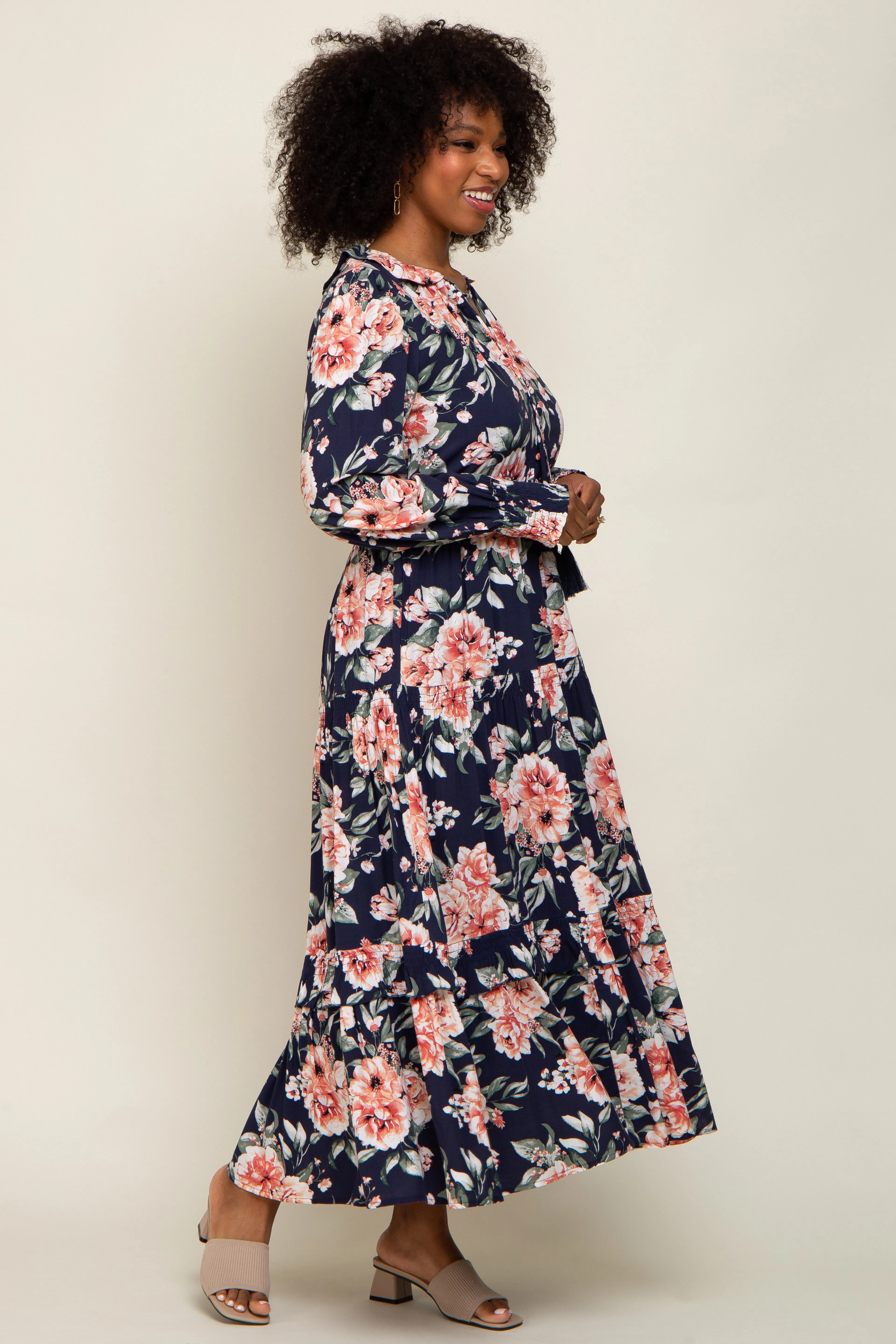 Navy Floral Smocked Ruffle Neck Maxi Dress sold by Pinkblush product image thumbnail 2