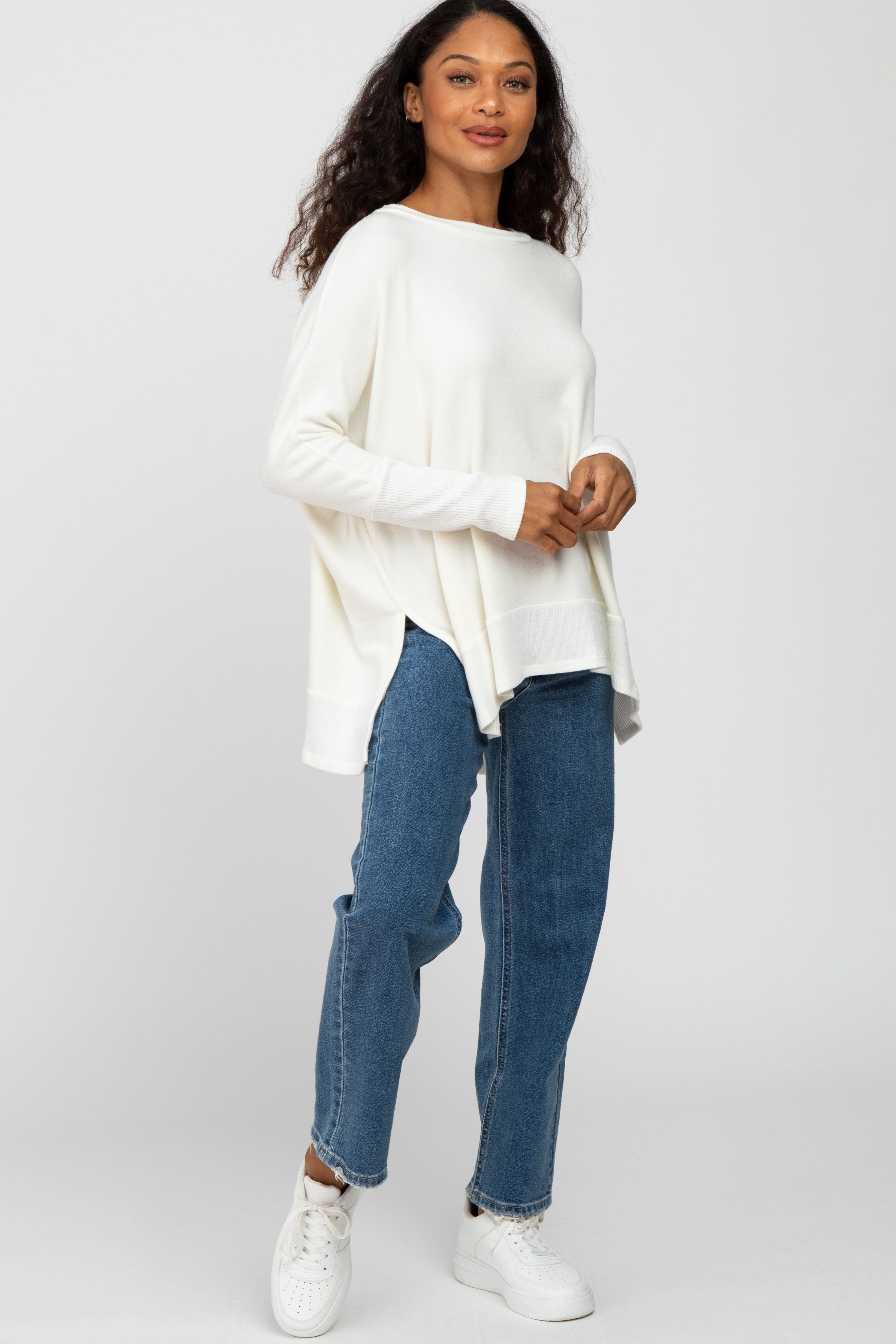 White Soft Brushed Knit Dolman Sleeve Side Slit Top sold by Pinkblush product image thumbnail 2