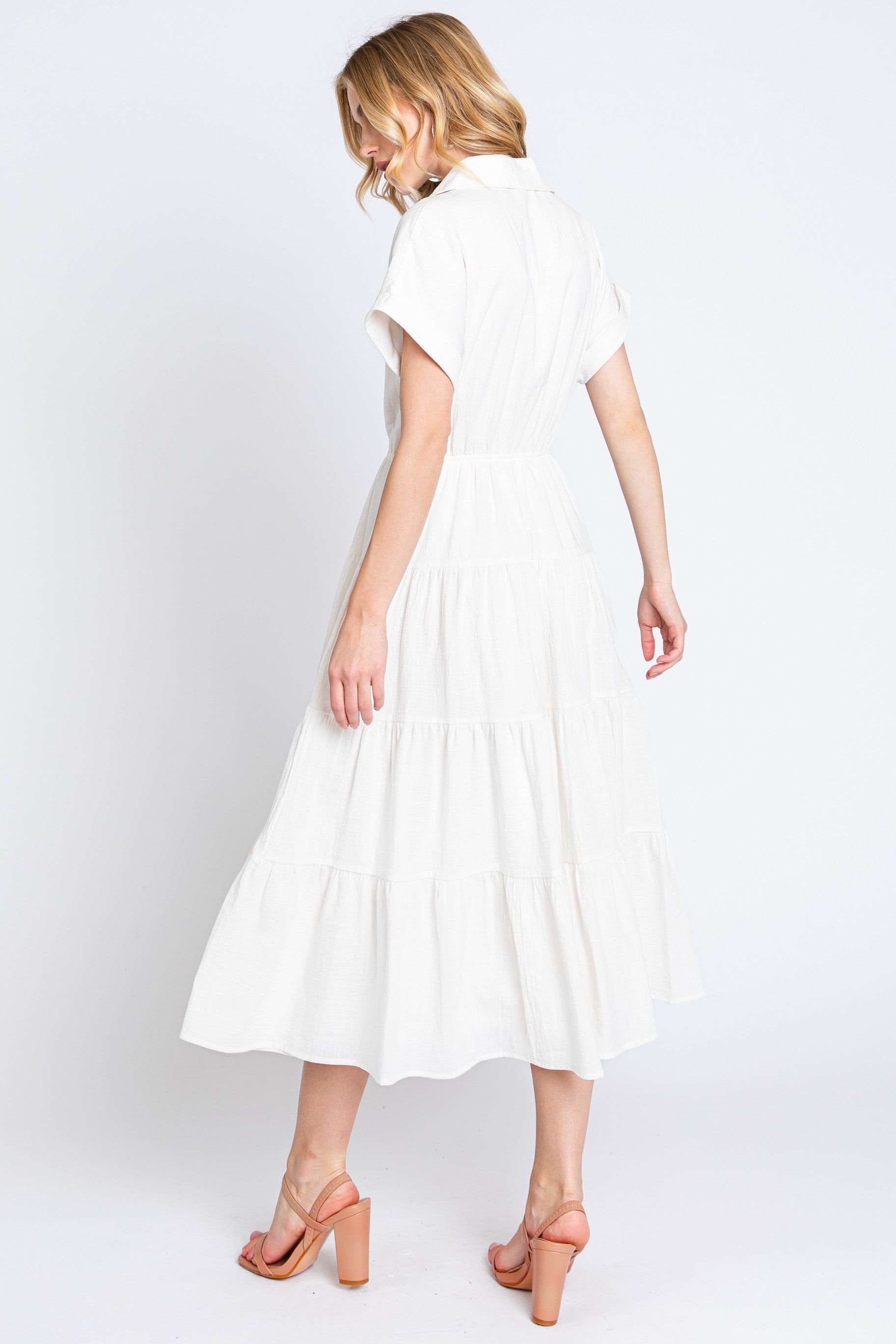 Off White Collar V Neck Cuffed Sleeve Tiered Midi Dress sold by Pinkblush product image thumbnail 4