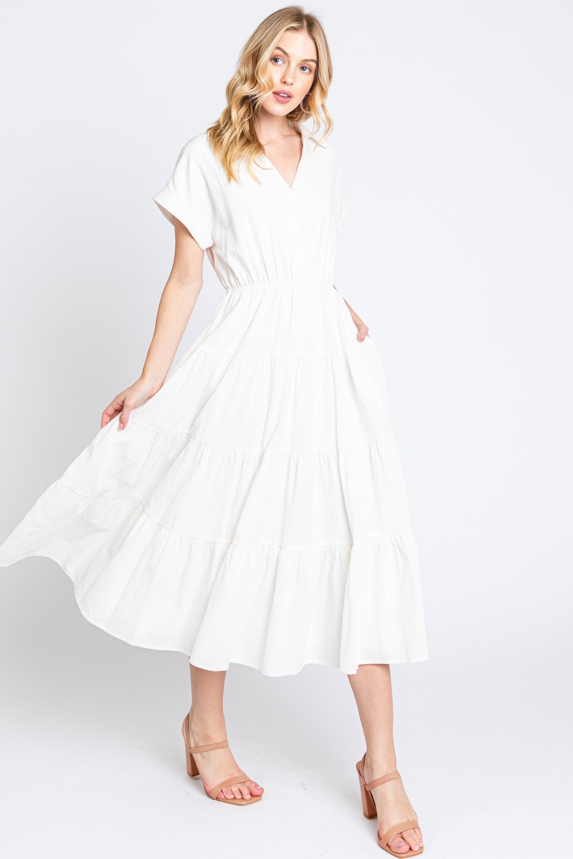 Off White Collar V Neck Cuffed Sleeve Tiered Midi Dress sold by Pinkblush