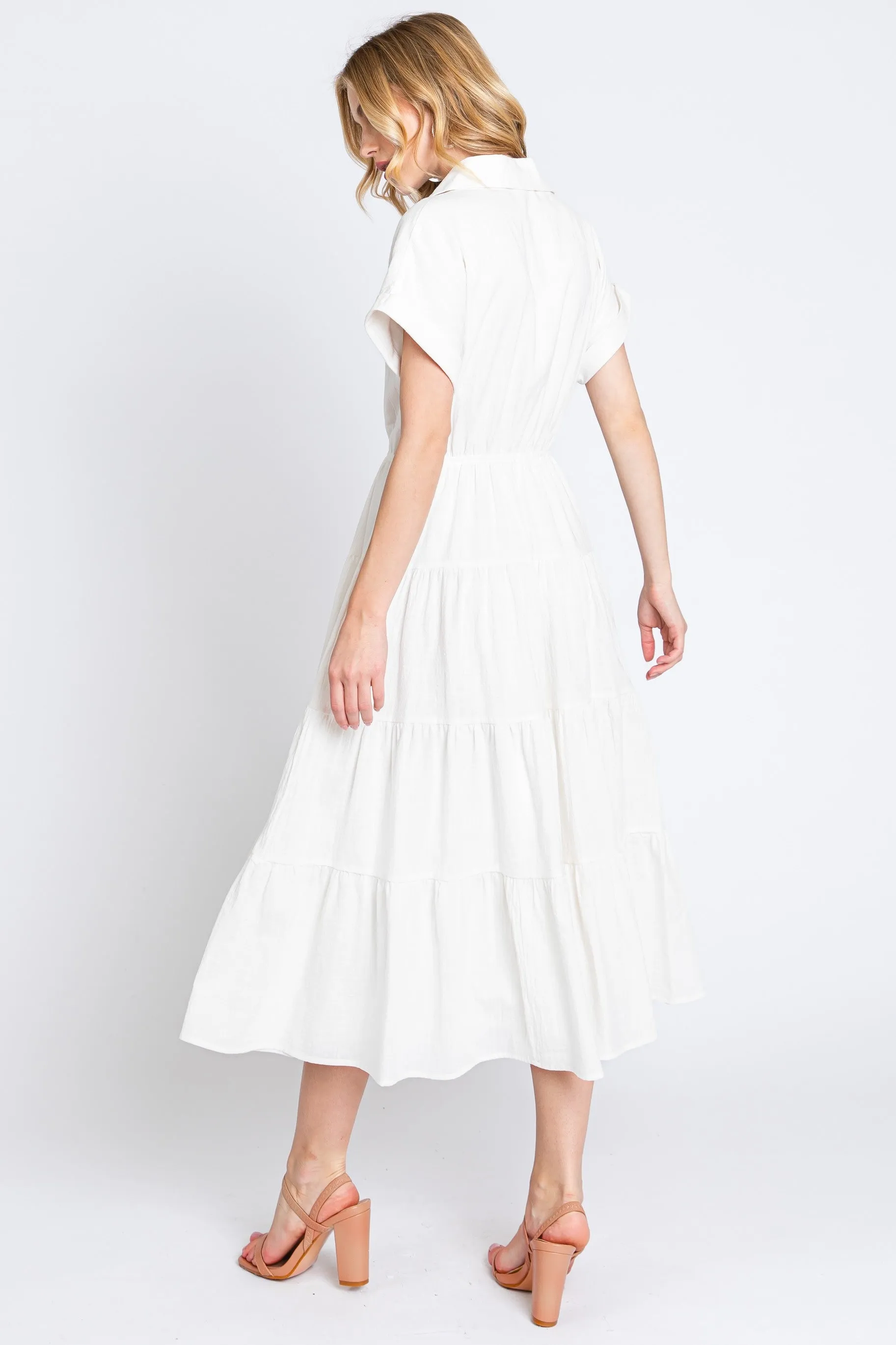 Off White Collar V Neck Cuffed Sleeve Tiered Midi Dress sold by Pinkblush product image thumbnail 4