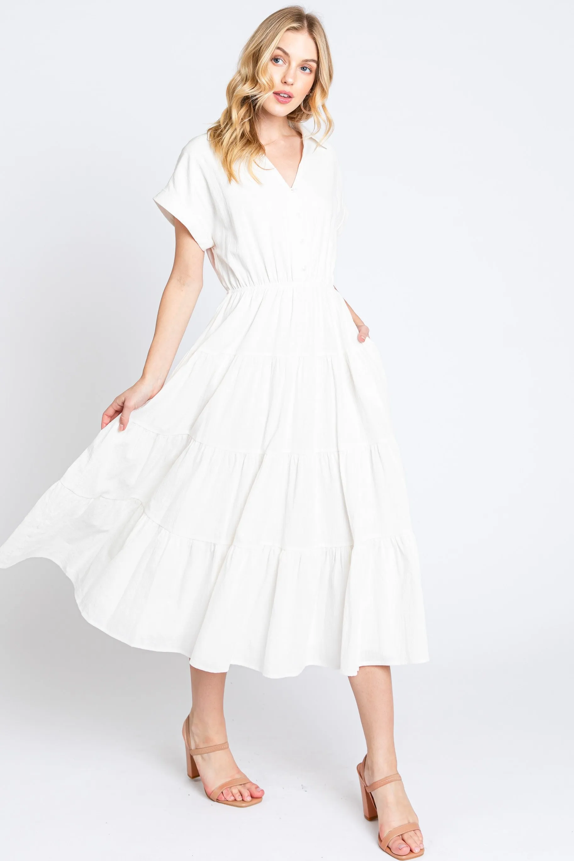 Off White Collar V Neck Cuffed Sleeve Tiered Midi Dress sold by Pinkblush