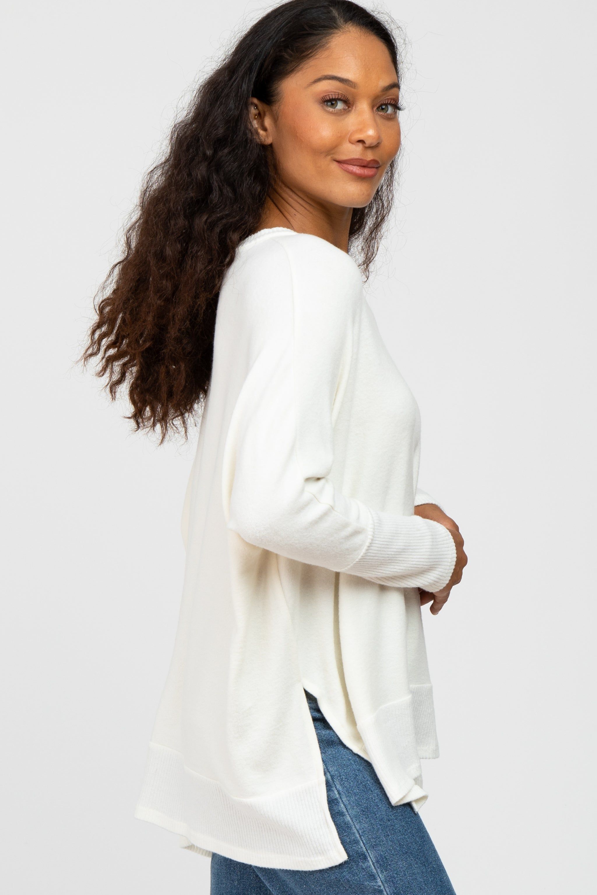 White Soft Brushed Knit Dolman Sleeve Side Slit Top sold by Pinkblush product image thumbnail 3