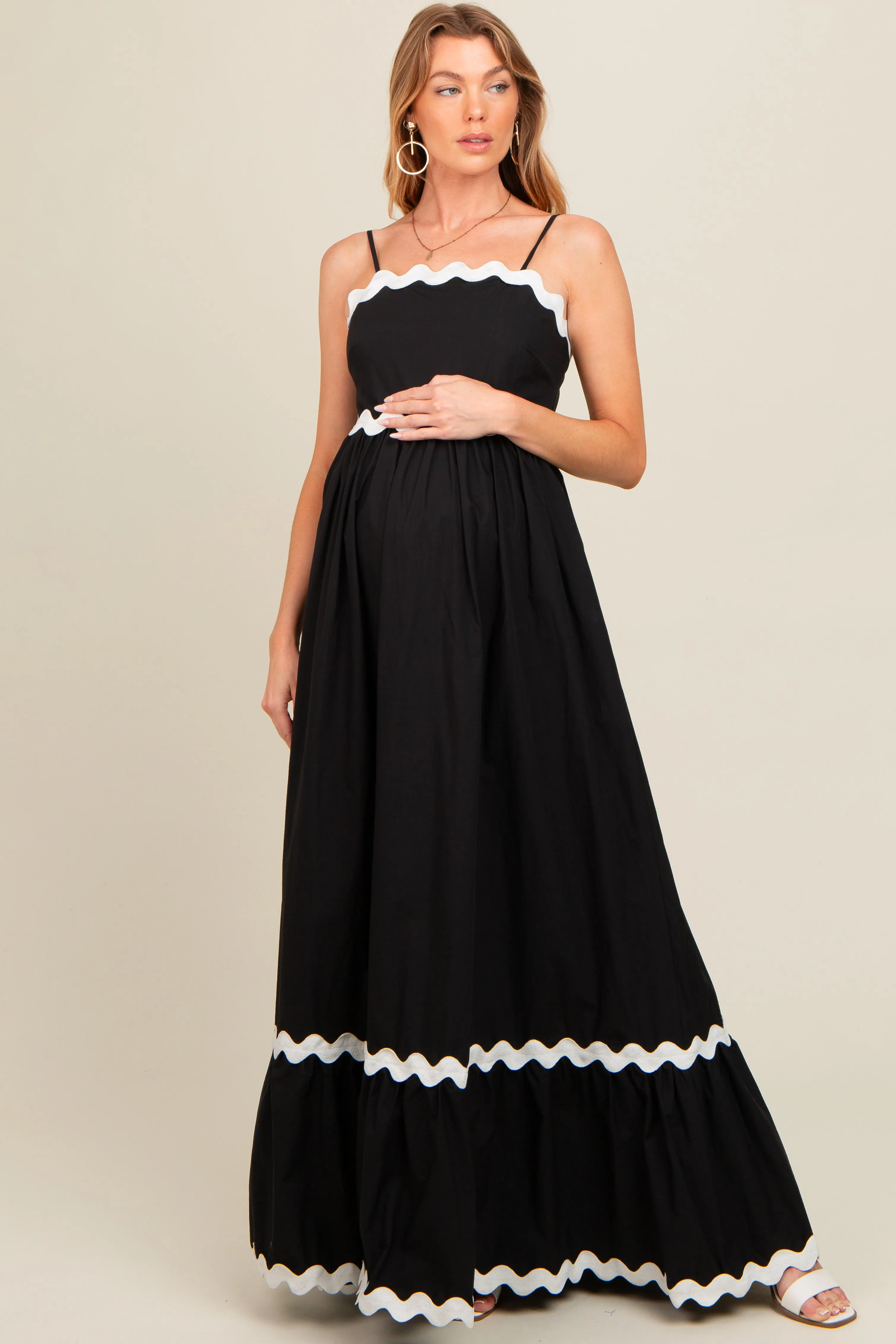 Black Contrast Wavy Trim Maternity Maxi Dress sold by Pinkblush