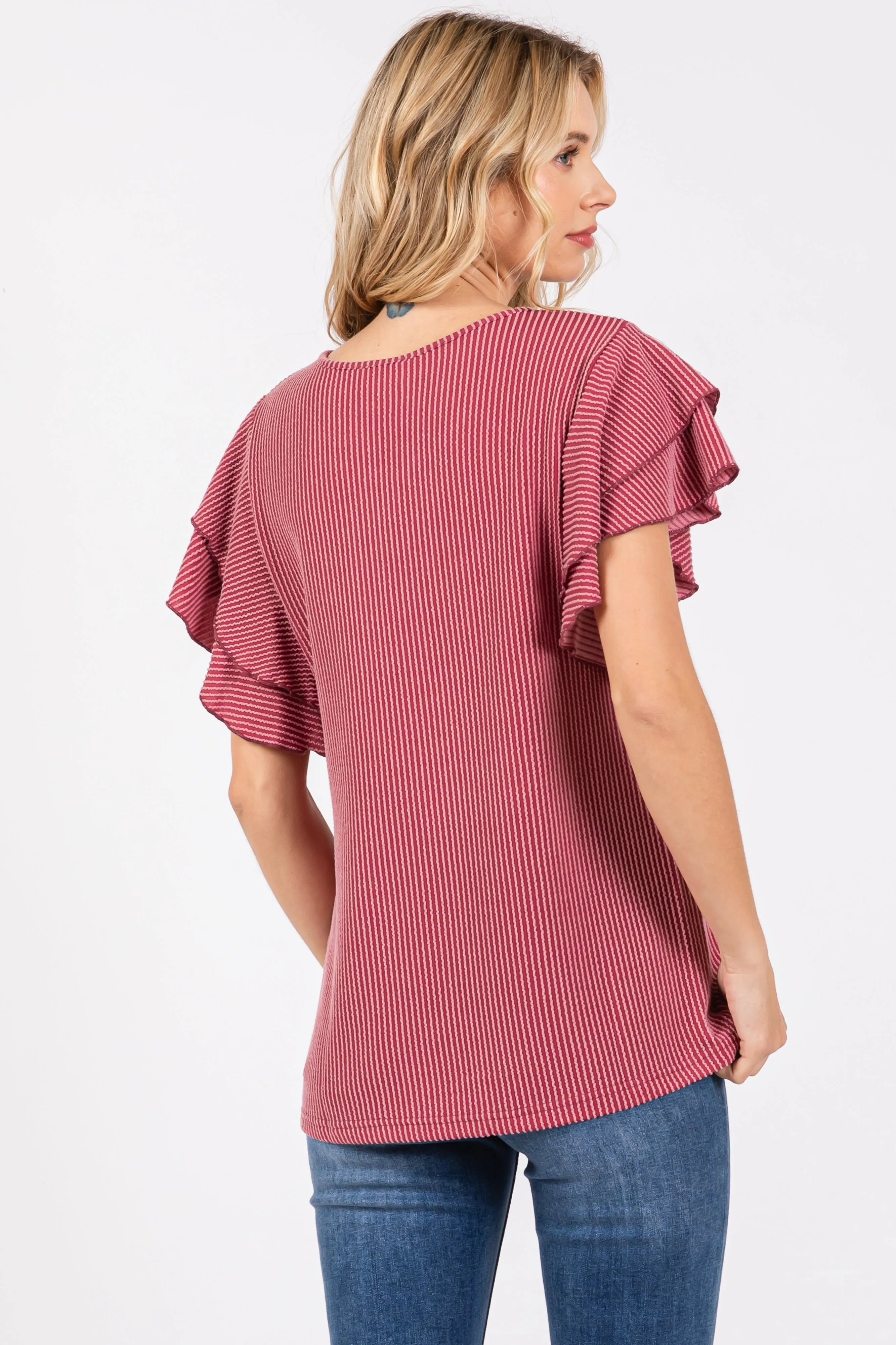Burgundy Ruffle Sleeve Ribbed Top sold by Pinkblush product image thumbnail 3