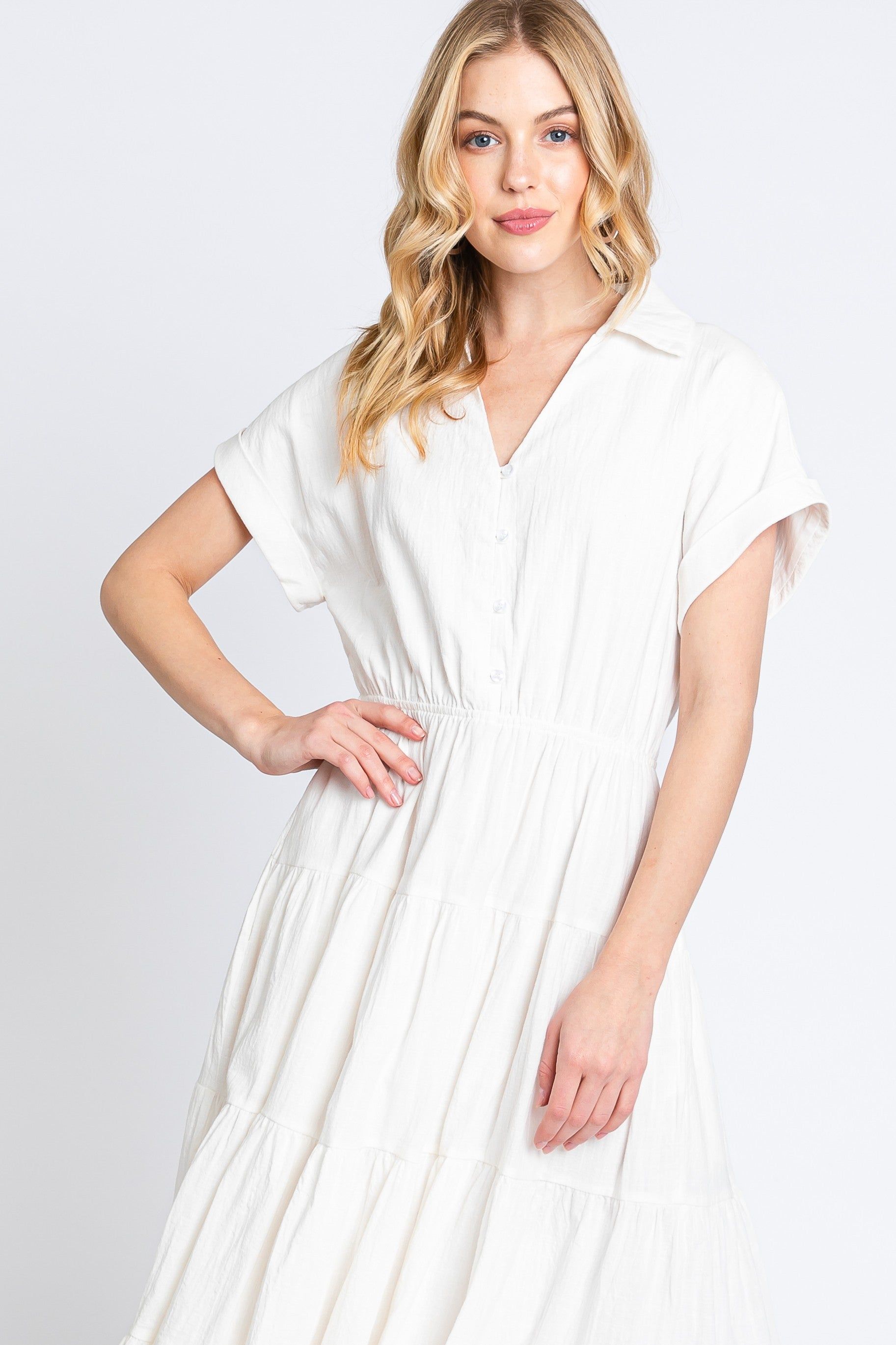 Off White Collar V Neck Cuffed Sleeve Tiered Midi Dress sold by Pinkblush product image thumbnail 5