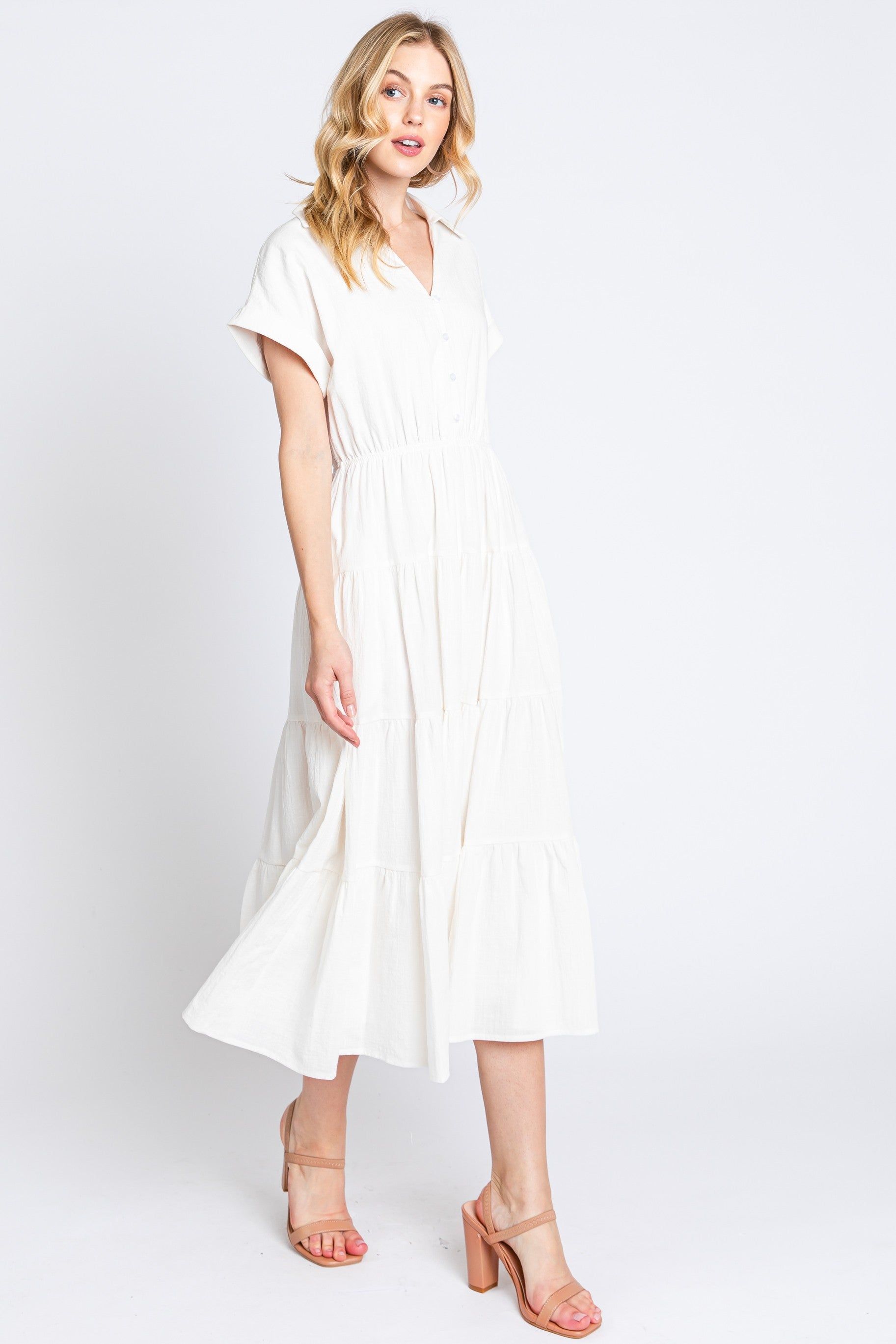 Off White Collar V Neck Cuffed Sleeve Tiered Midi Dress sold by Pinkblush product image thumbnail 2