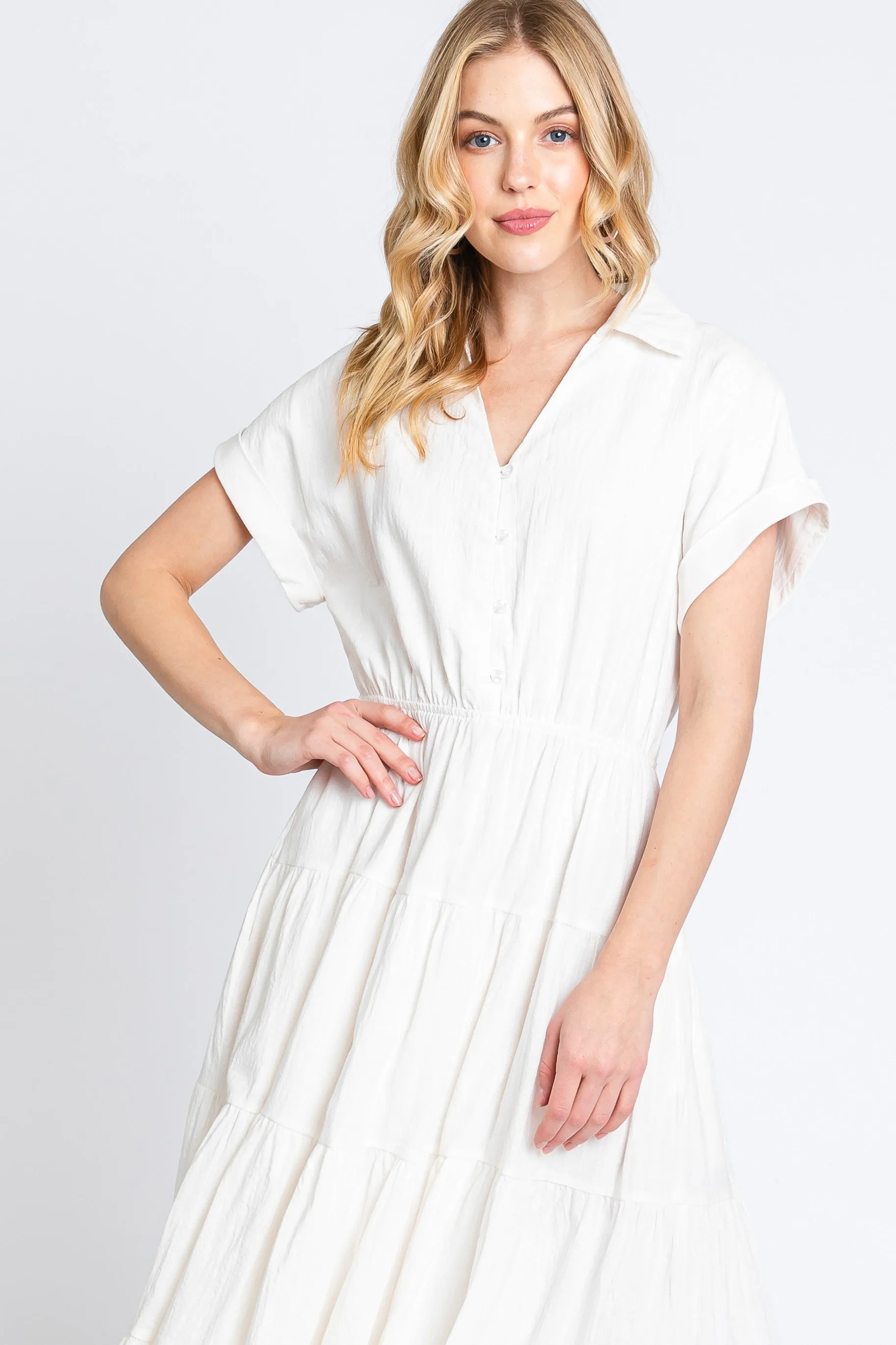 Off White Collar V Neck Cuffed Sleeve Tiered Midi Dress sold by Pinkblush product image thumbnail 5