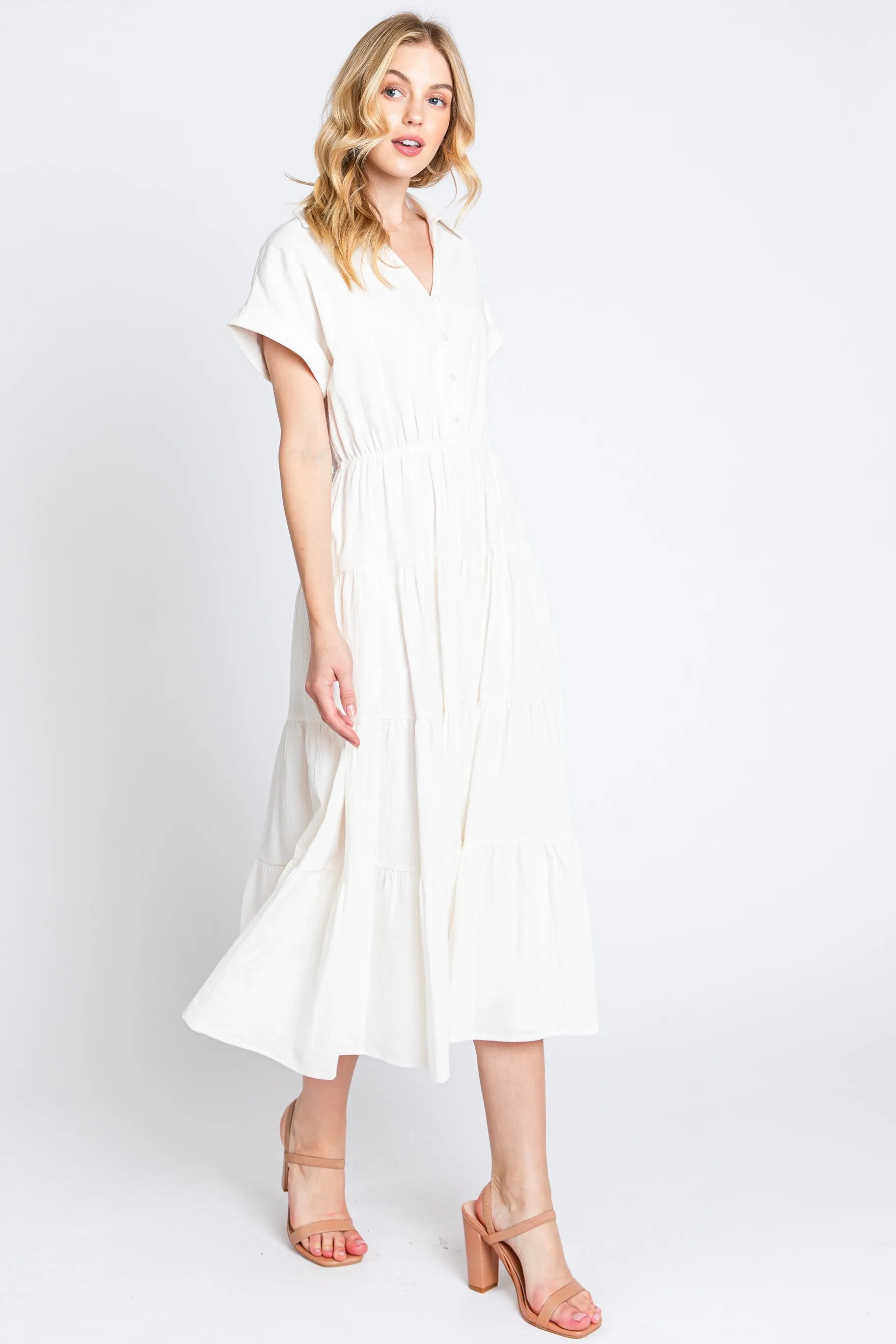 Off White Collar V Neck Cuffed Sleeve Tiered Midi Dress sold by Pinkblush product image thumbnail 2