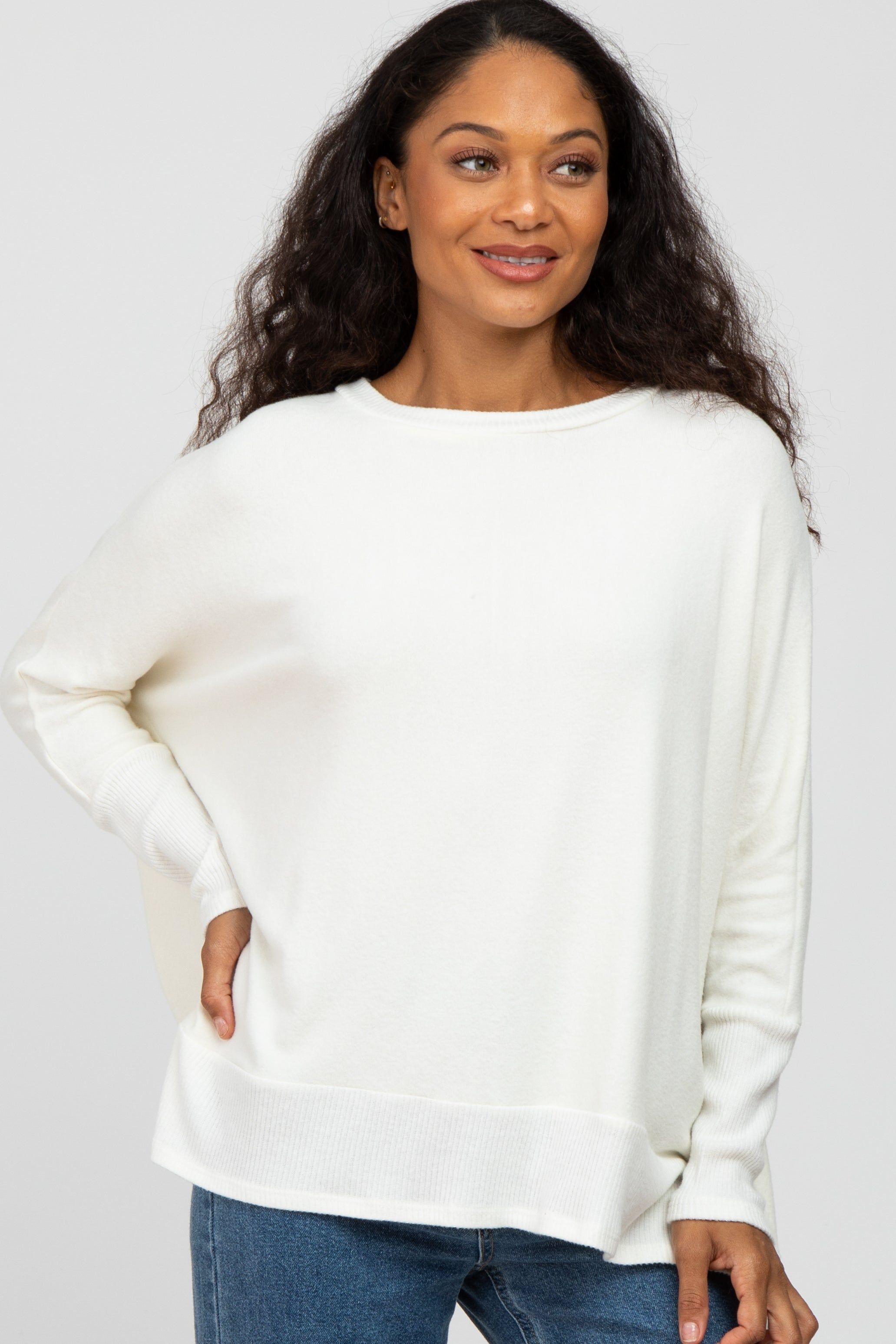 White Soft Brushed Knit Dolman Sleeve Side Slit Top sold by Pinkblush