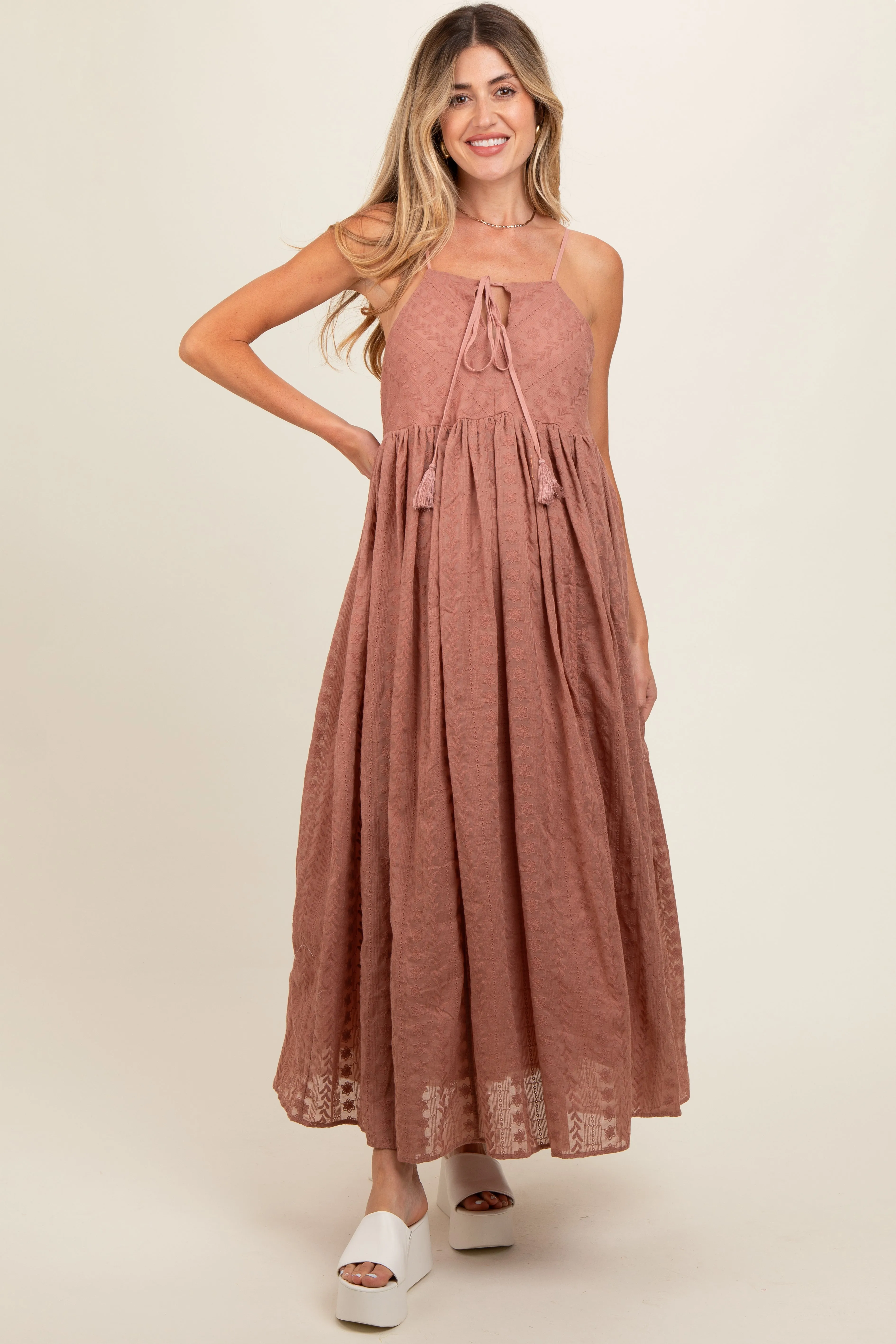Mocha Embroidered Tassel Tie Maternity Maxi Dress sold by Pinkblush
