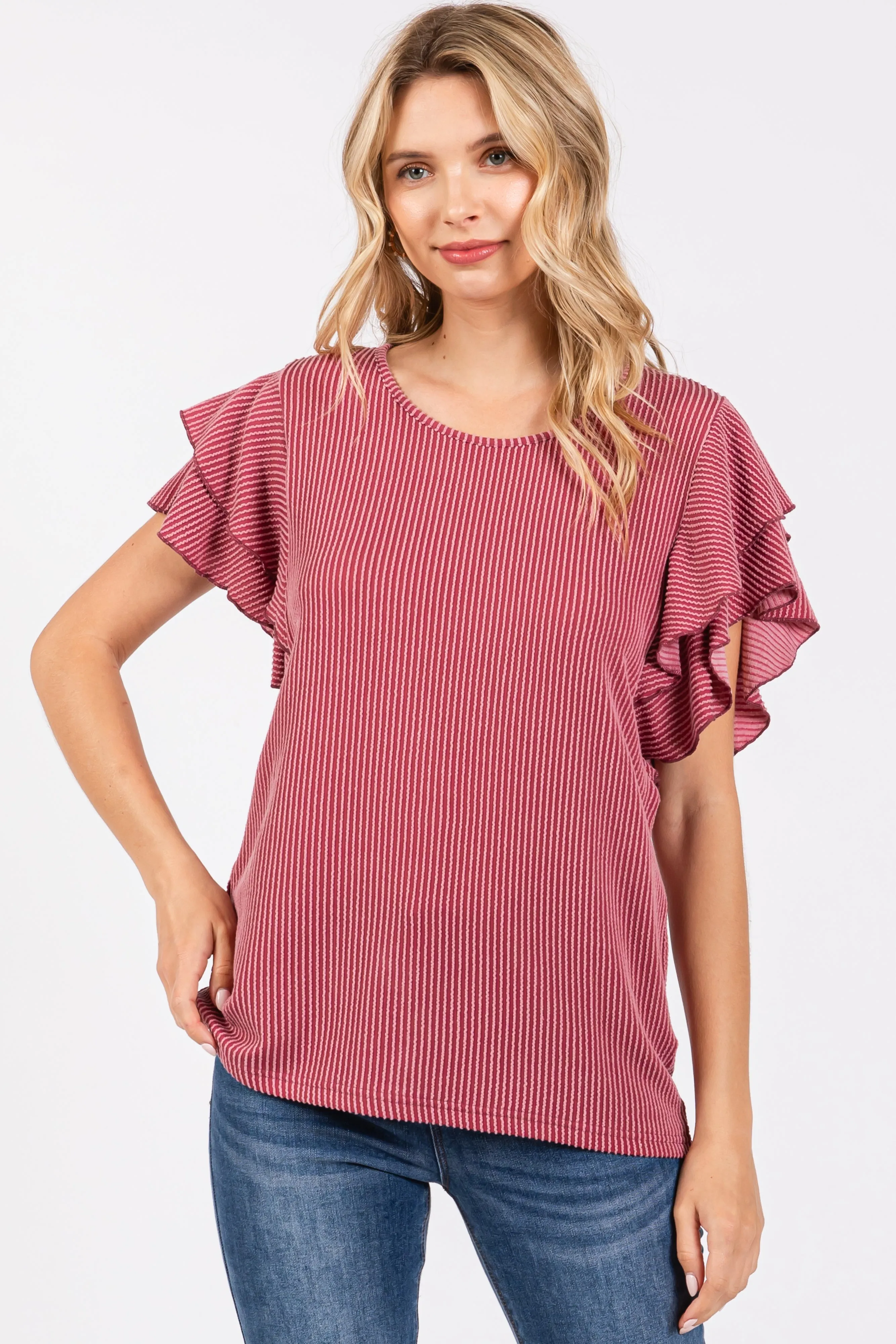 Burgundy Ruffle Sleeve Ribbed Top sold by Pinkblush