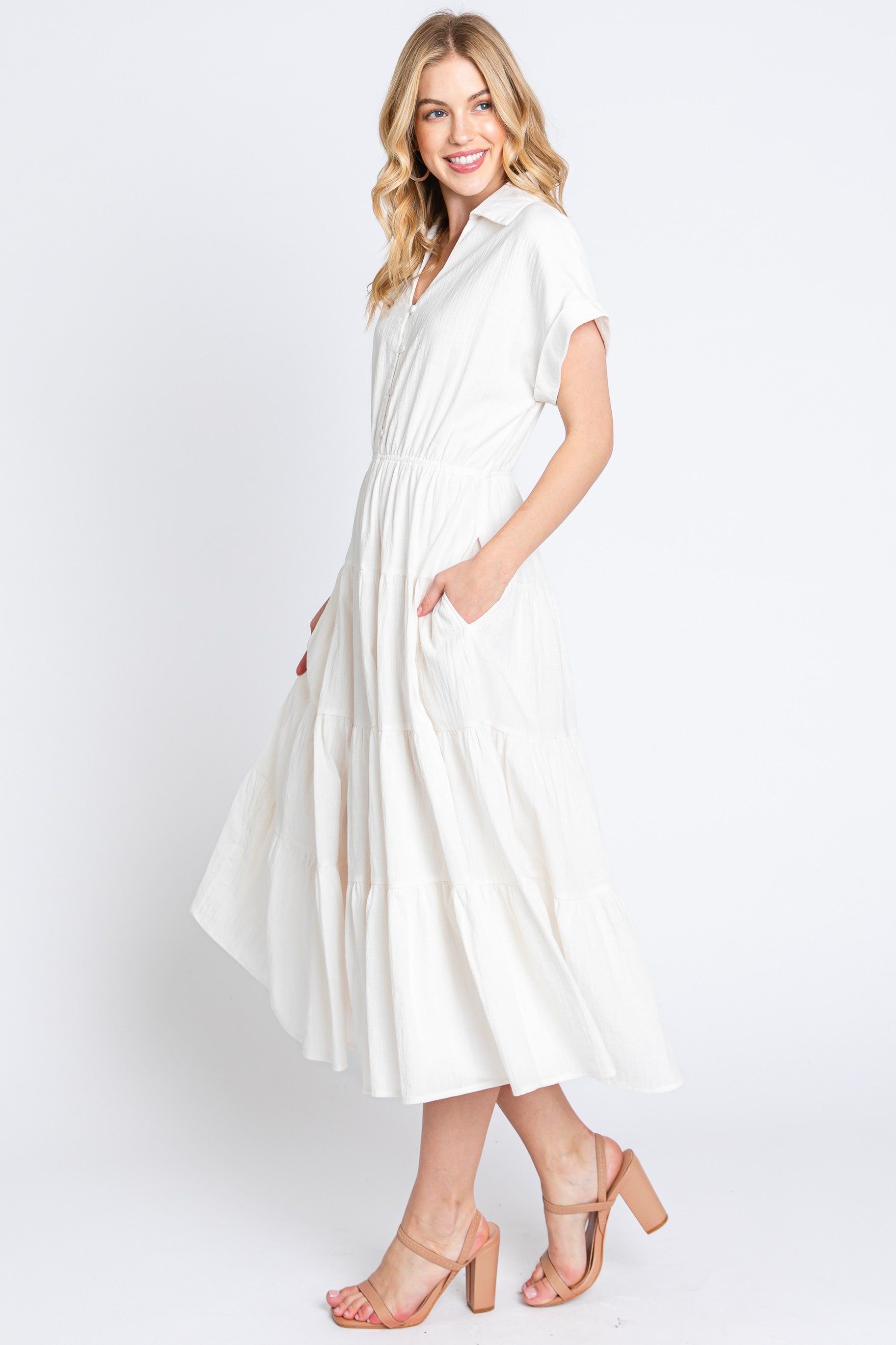 Off White Collar V Neck Cuffed Sleeve Tiered Midi Dress sold by Pinkblush product image thumbnail 3