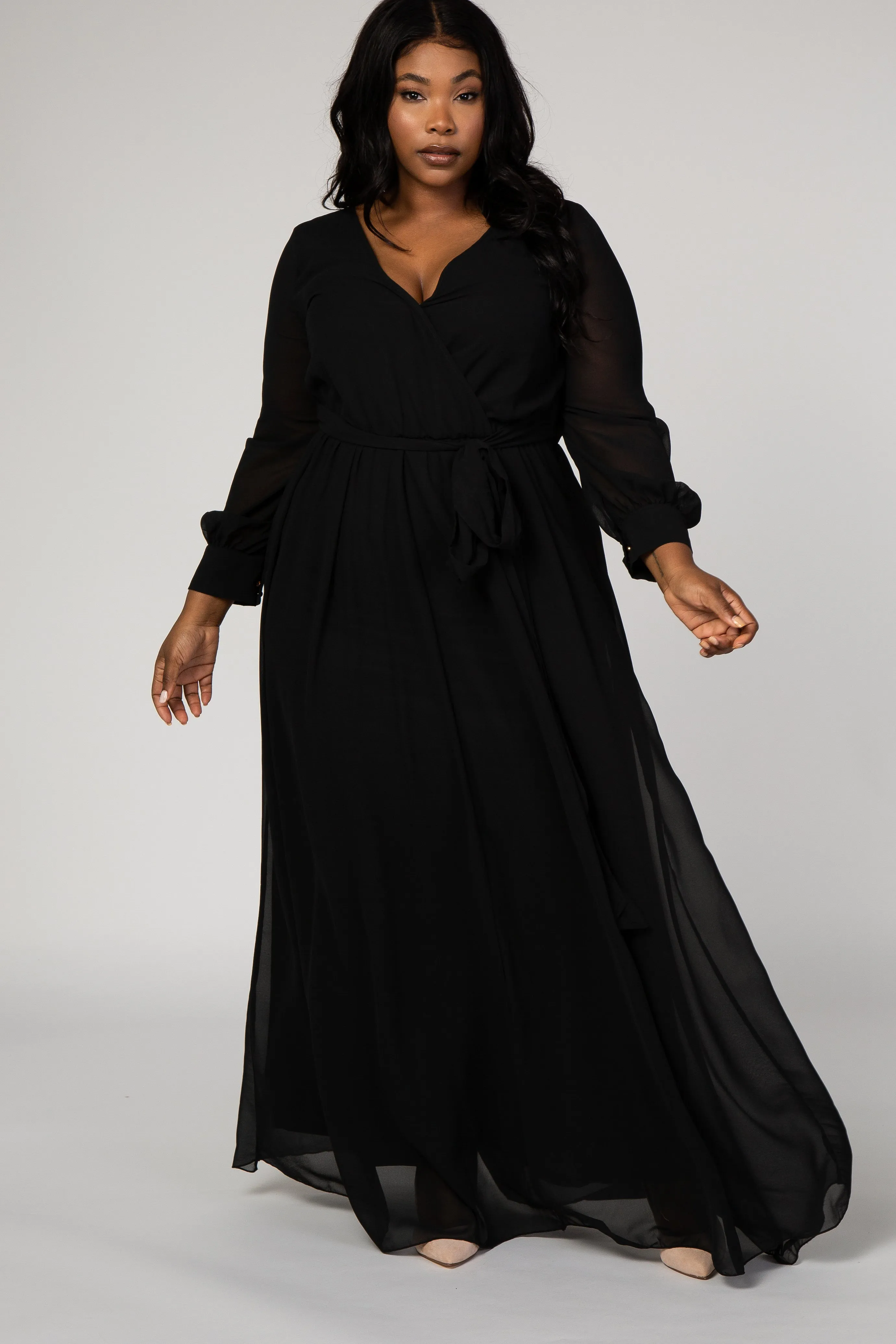 Black Chiffon Long Sleeve Pleated Plus Maxi Dress sold by Pinkblush