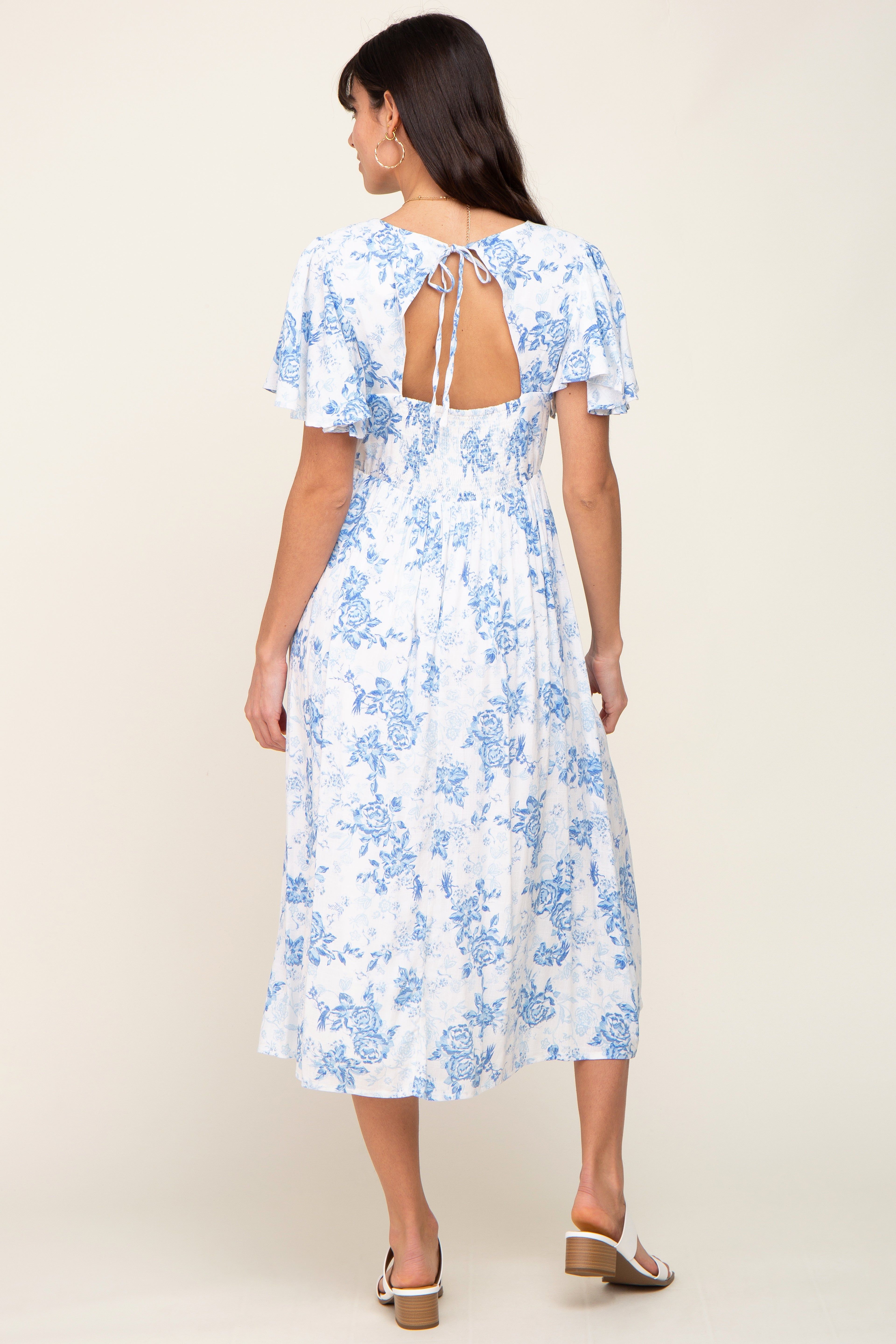 White Floral Short Flutter Sleeve Back Cutout Midi Dress sold by Pinkblush product image thumbnail 3