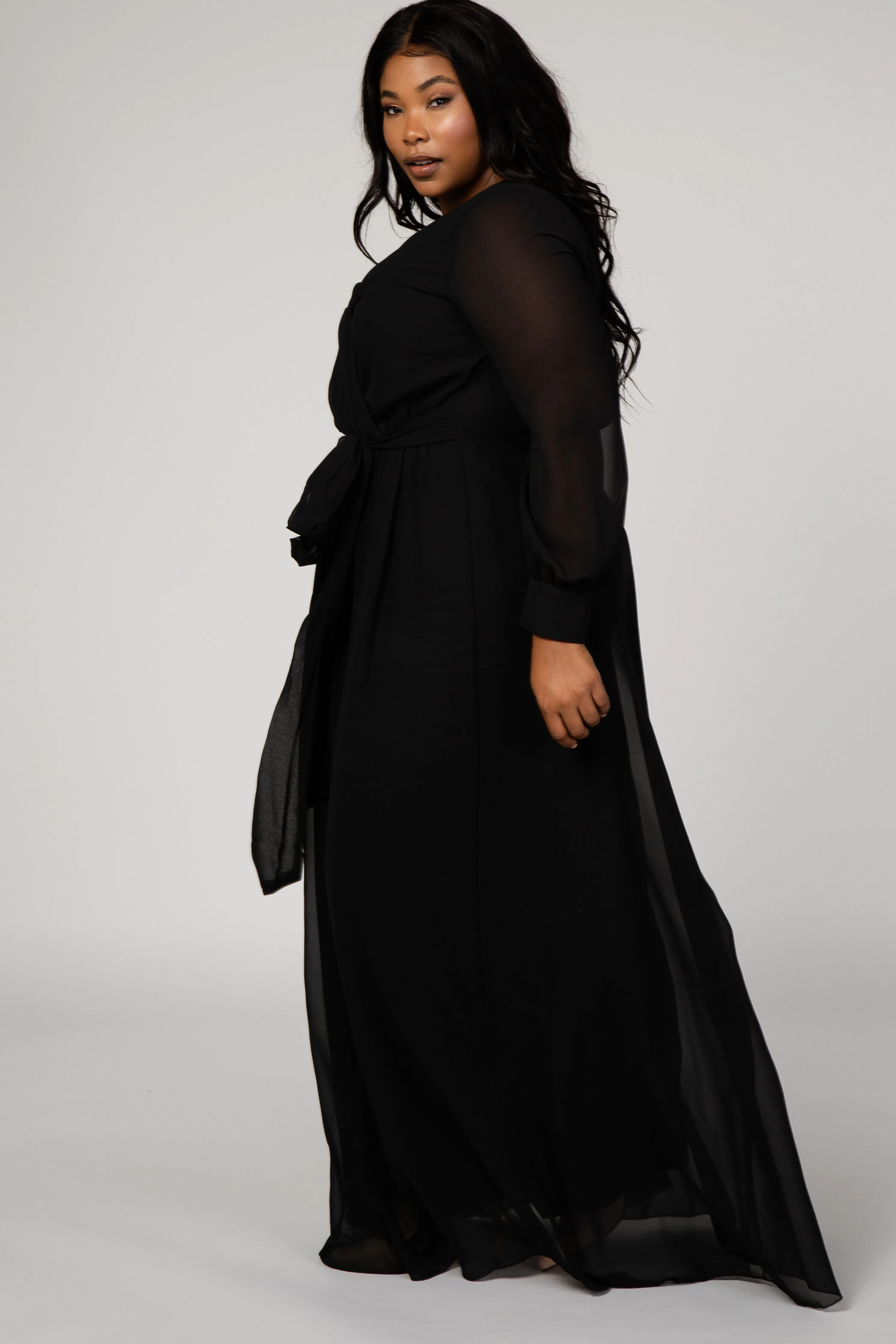 Black Chiffon Long Sleeve Pleated Plus Maxi Dress sold by Pinkblush product image thumbnail 2