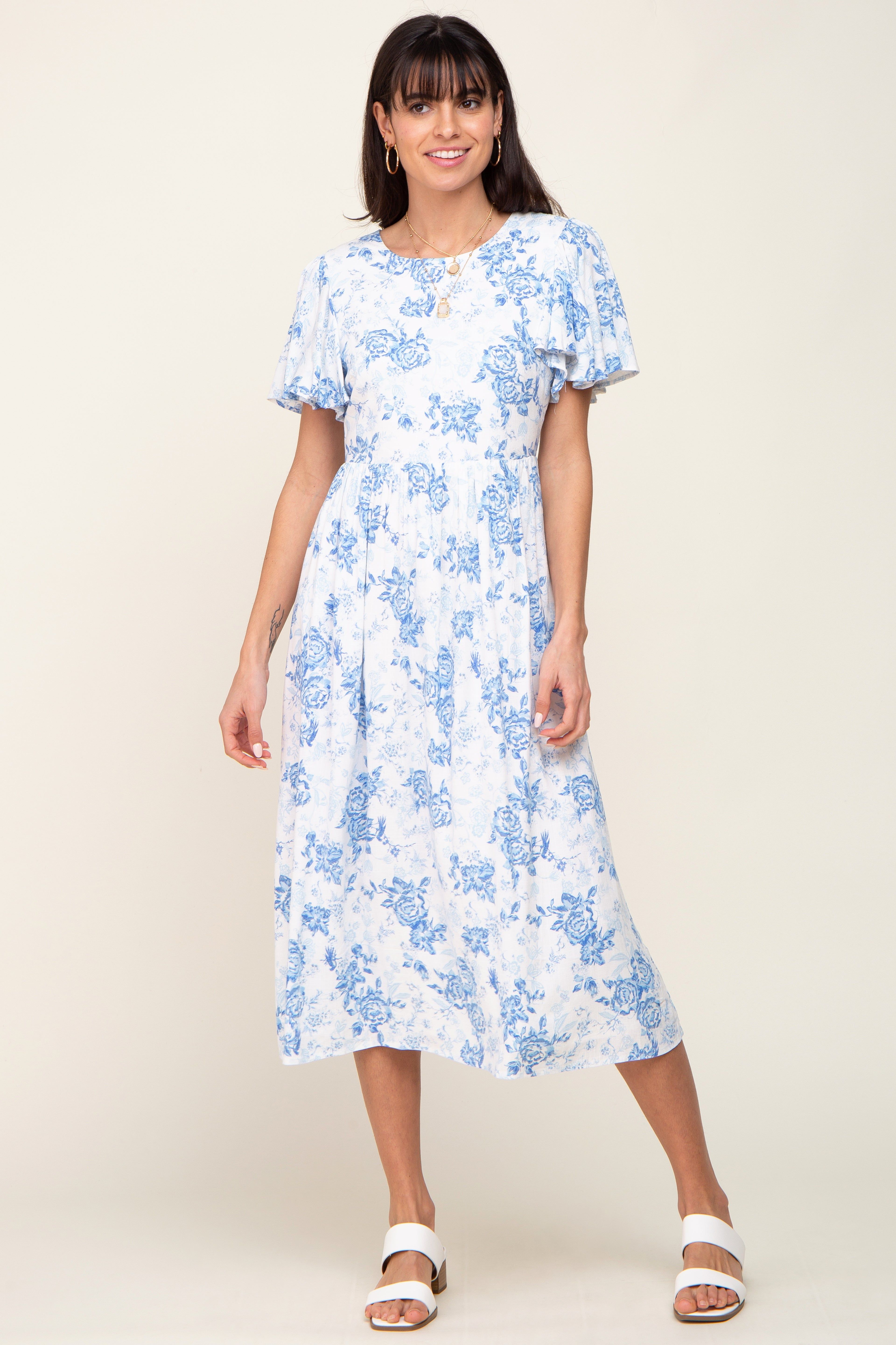 White Floral Short Flutter Sleeve Back Cutout Midi Dress sold by Pinkblush product image thumbnail 5