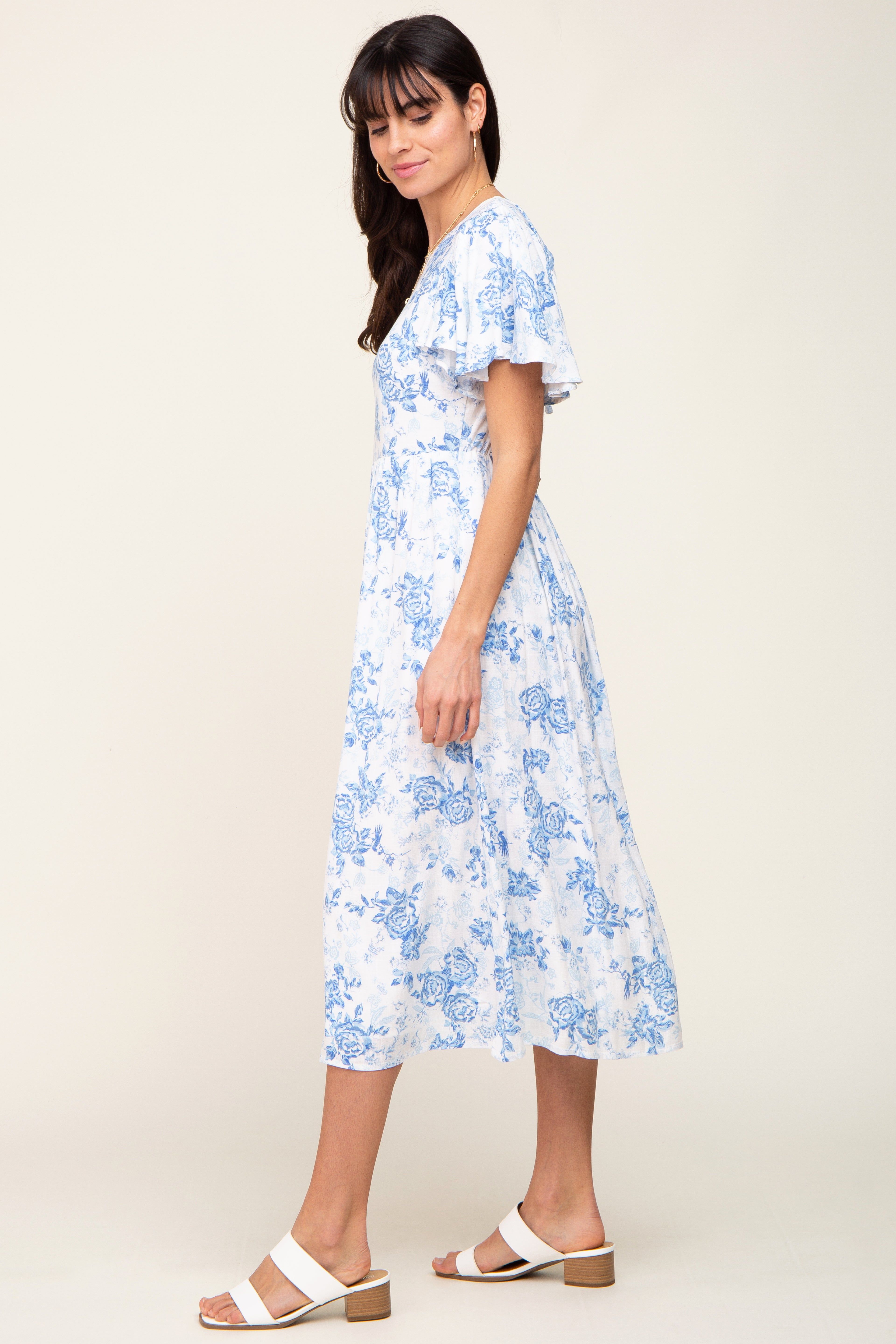 White Floral Short Flutter Sleeve Back Cutout Midi Dress sold by Pinkblush product image thumbnail 2