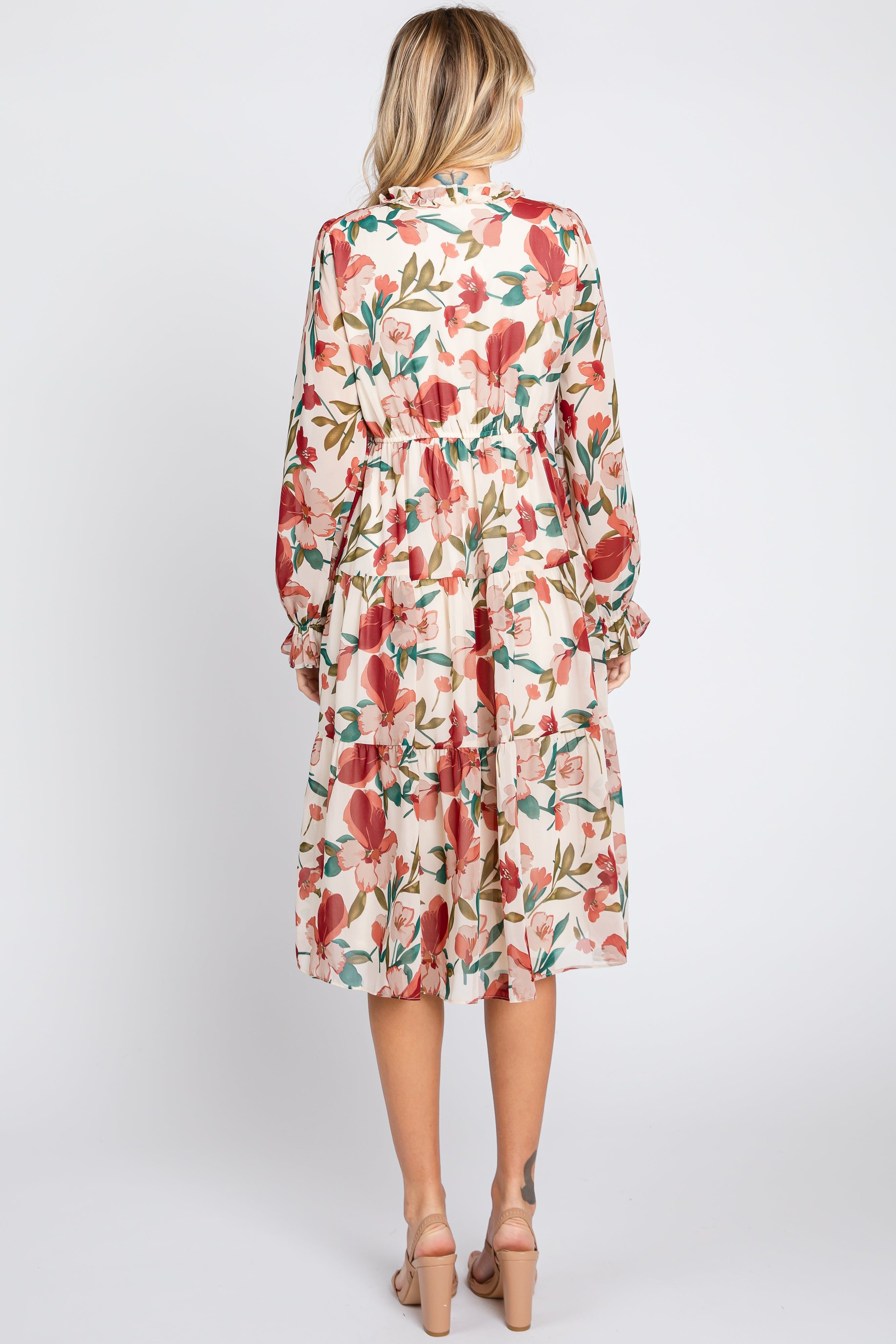 Ivory Floral Ruffle V-Neck Dress sold by Pinkblush product image thumbnail 3