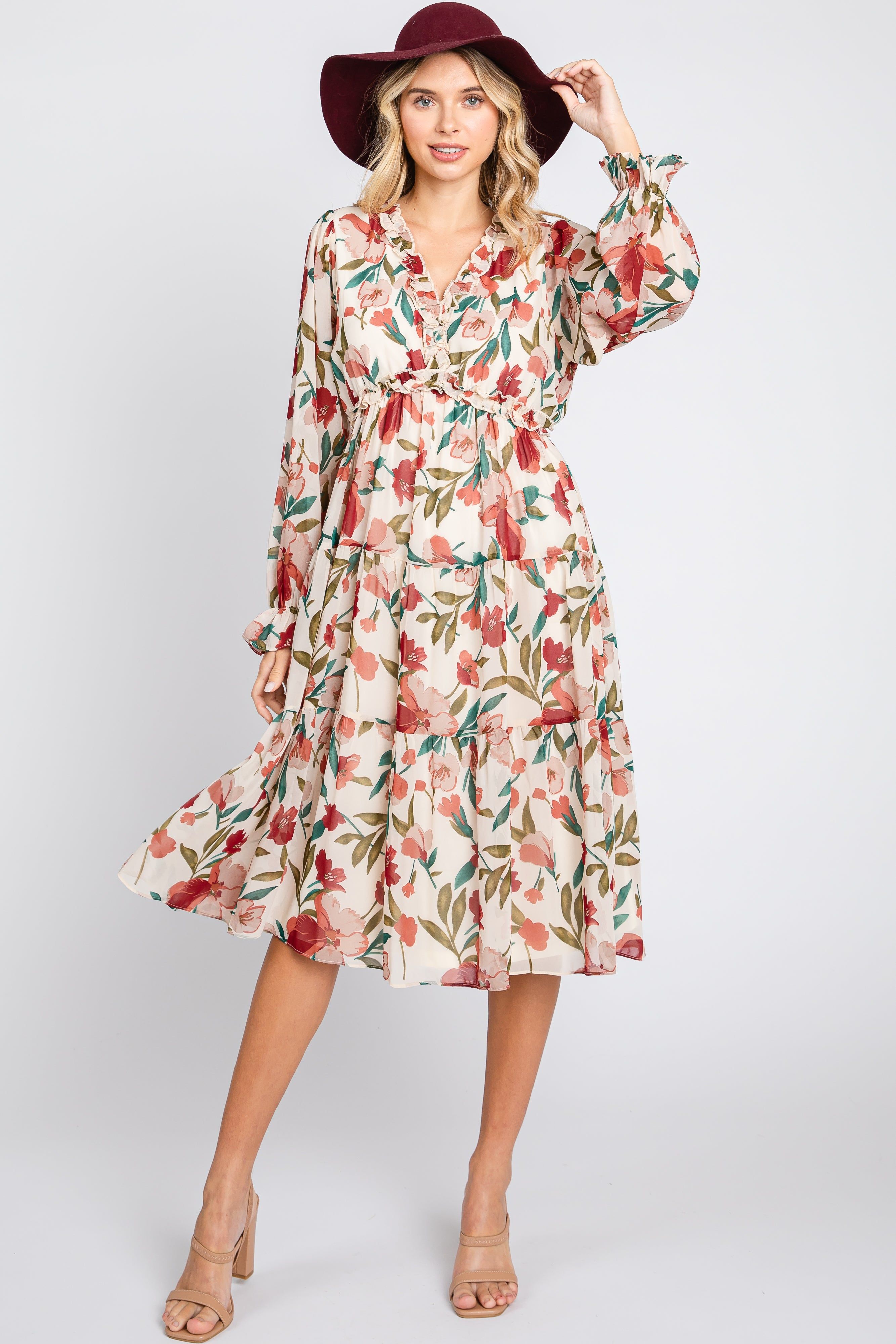 Ivory Floral Ruffle V-Neck Dress sold by Pinkblush product image thumbnail 4